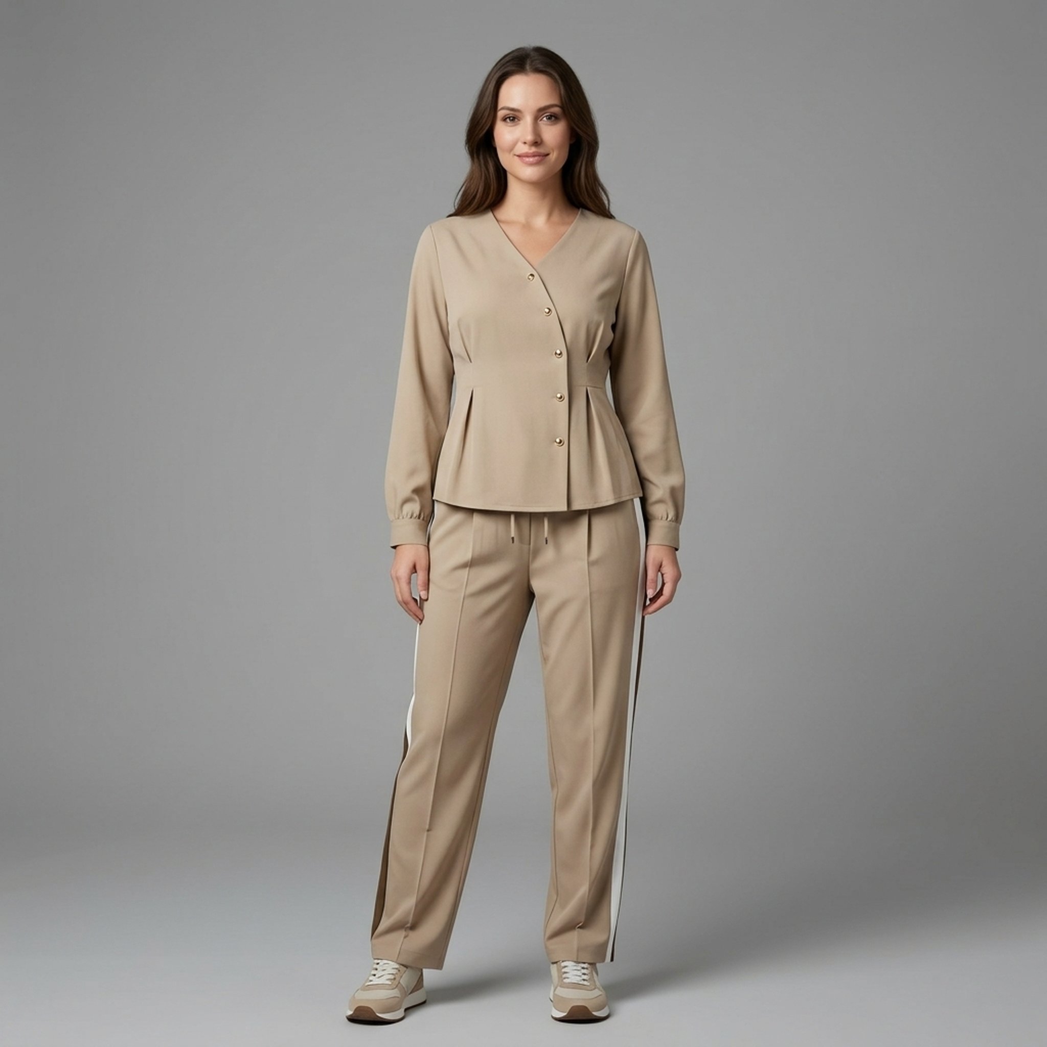 New Riwaz Garments Beige V-neck Top and Striped Trousers Set