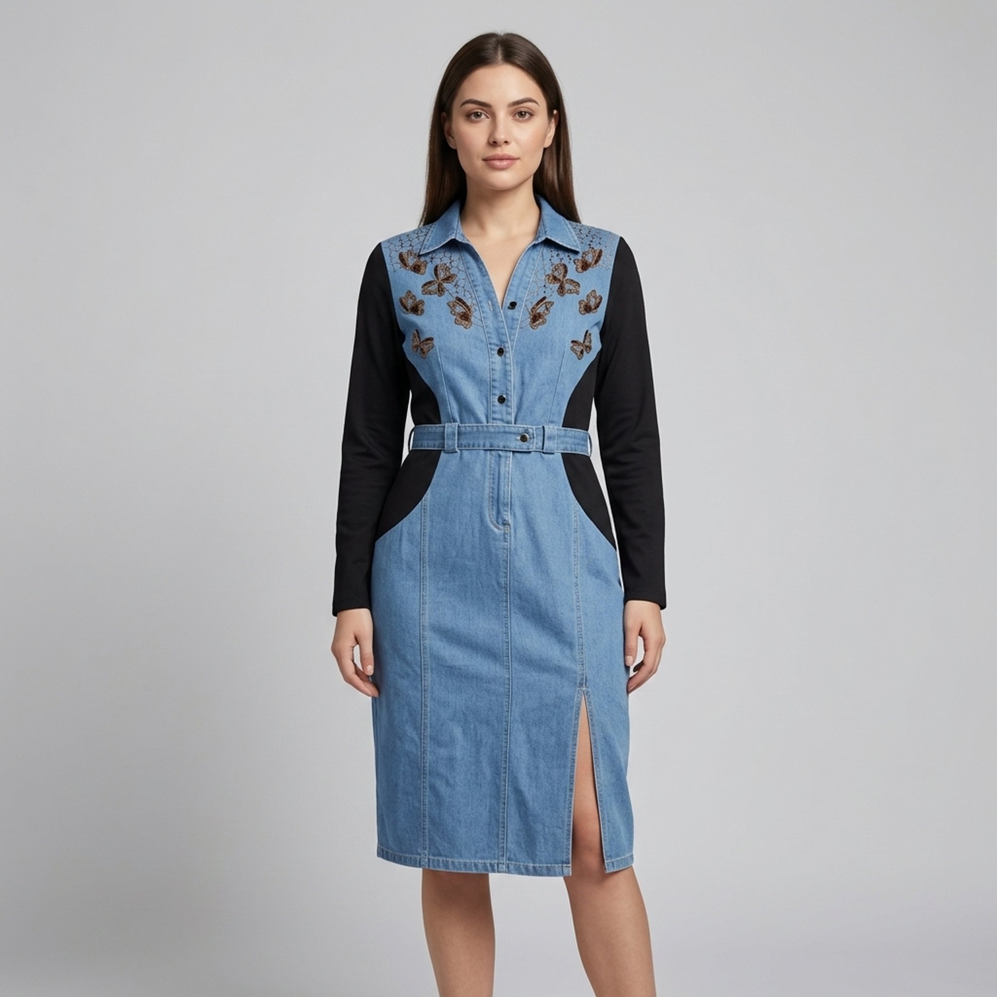 New Riwaz Garments Embellished Denim & Black Midi Dress
