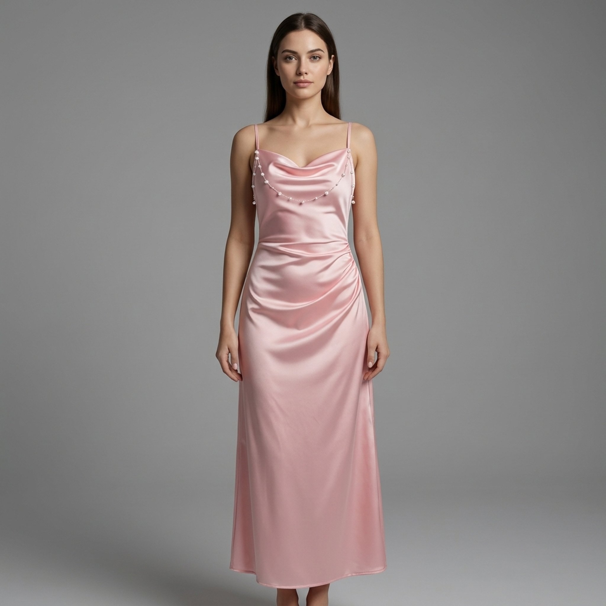 New Riwaz Garments Blush Pink Satin Cowl Neck Dress