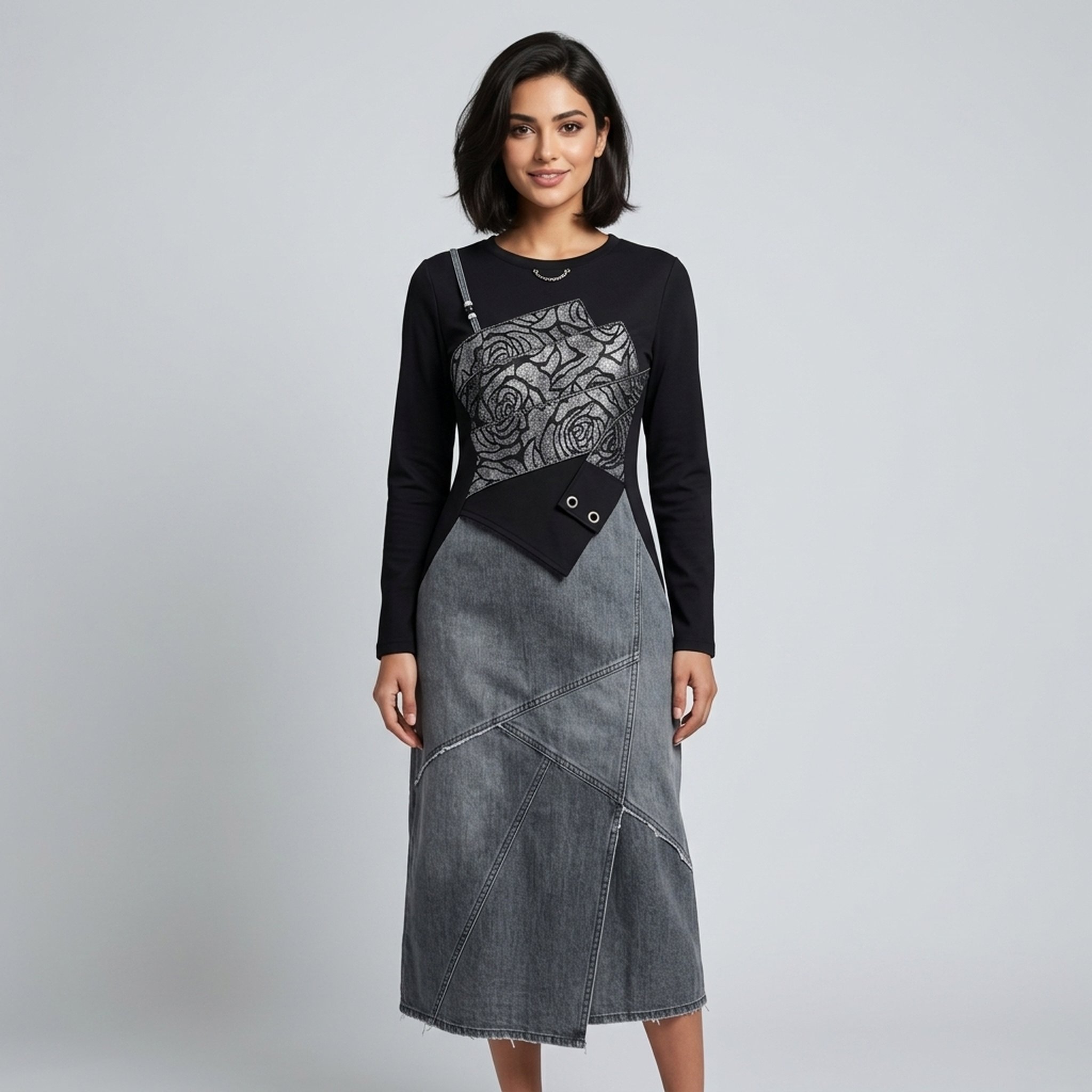 New Riwaz Garments Printed Black Top Denim Midi Dress