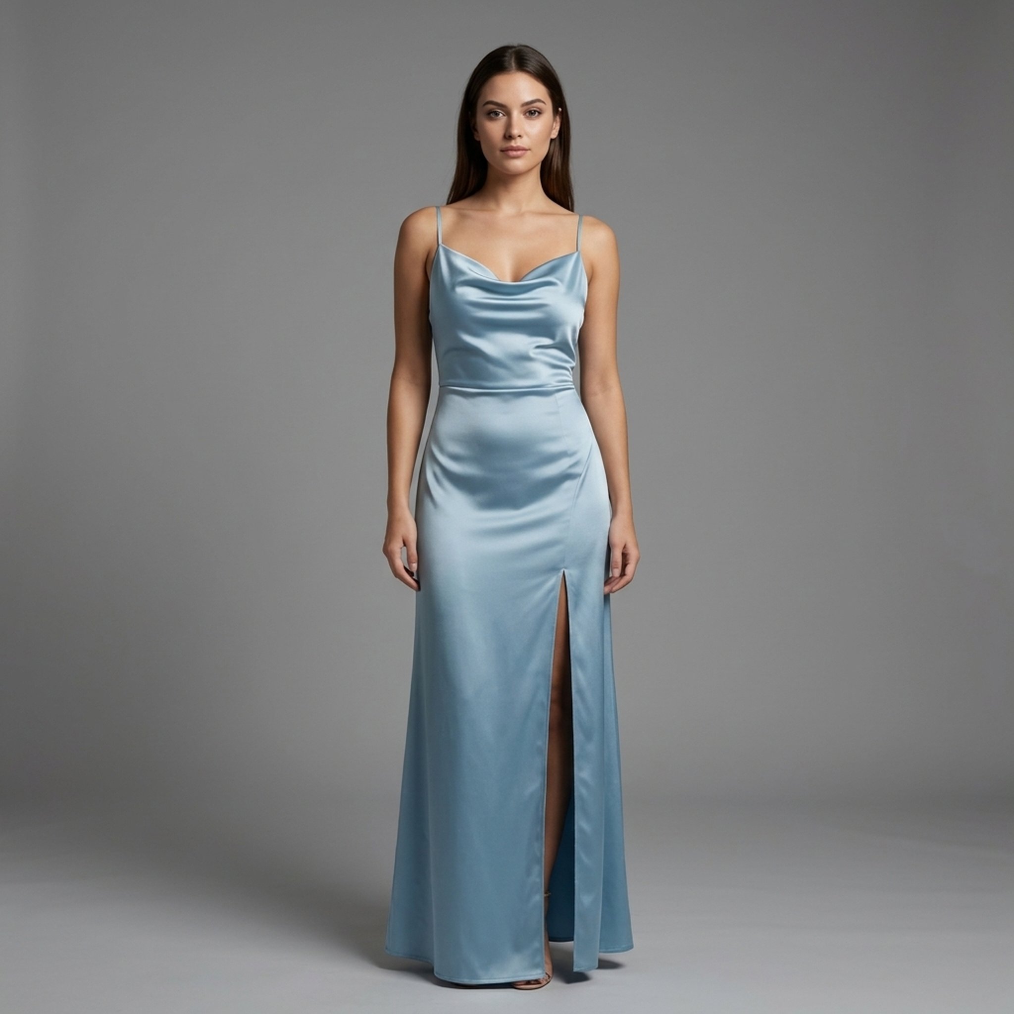New Riwaz Garments Sky Blue Satin Cowl Neck Gown