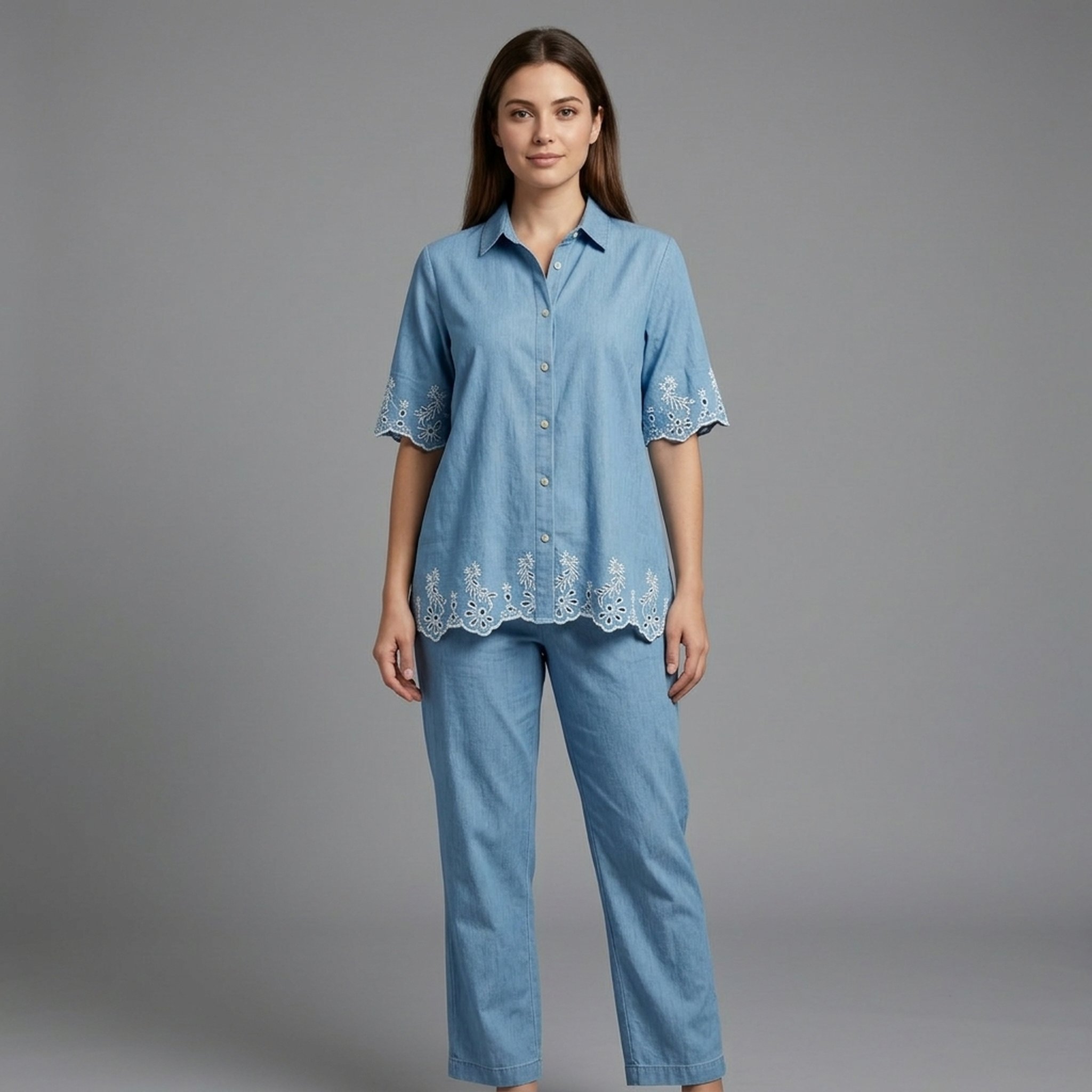 New Riwaz Garments Embroidered Chambray Shirt and Trousers Set