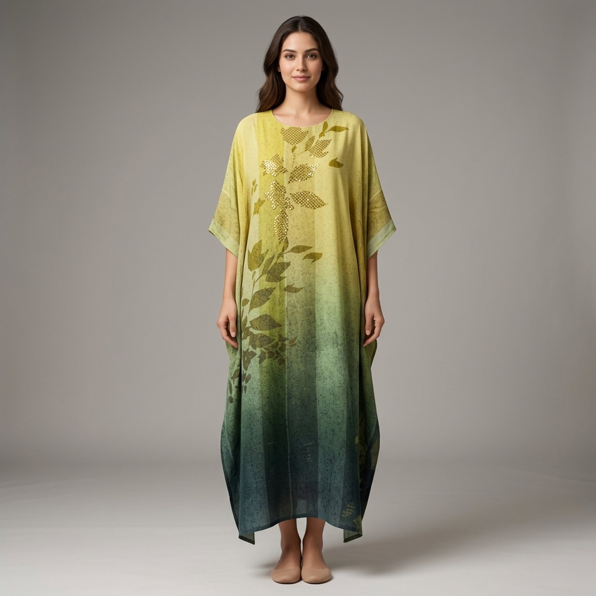 New Riwaz Garments Green Ombre Sequin Leaf Print Kaftan