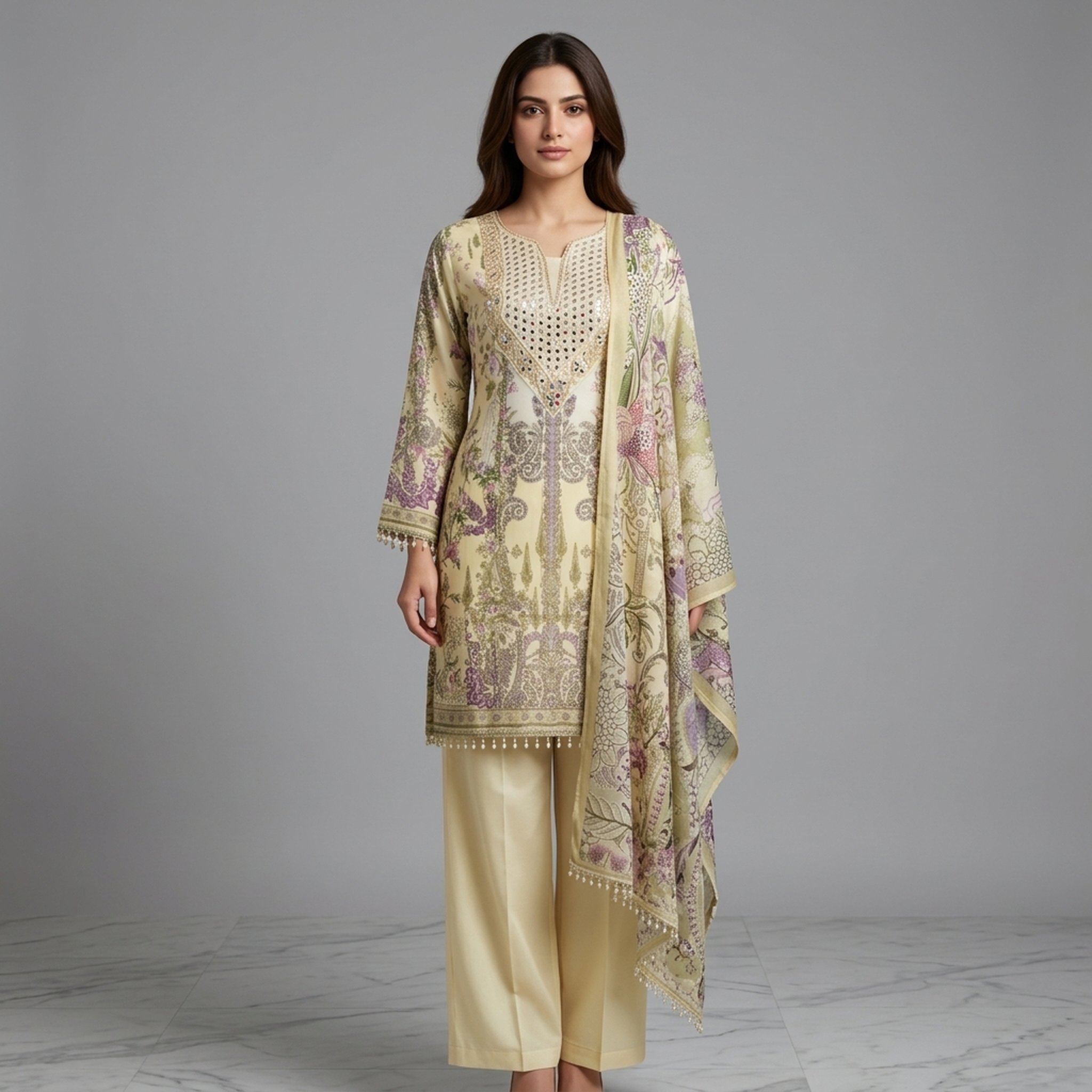 New Riwaz Garments Cream Floral Printed Salwar Suit