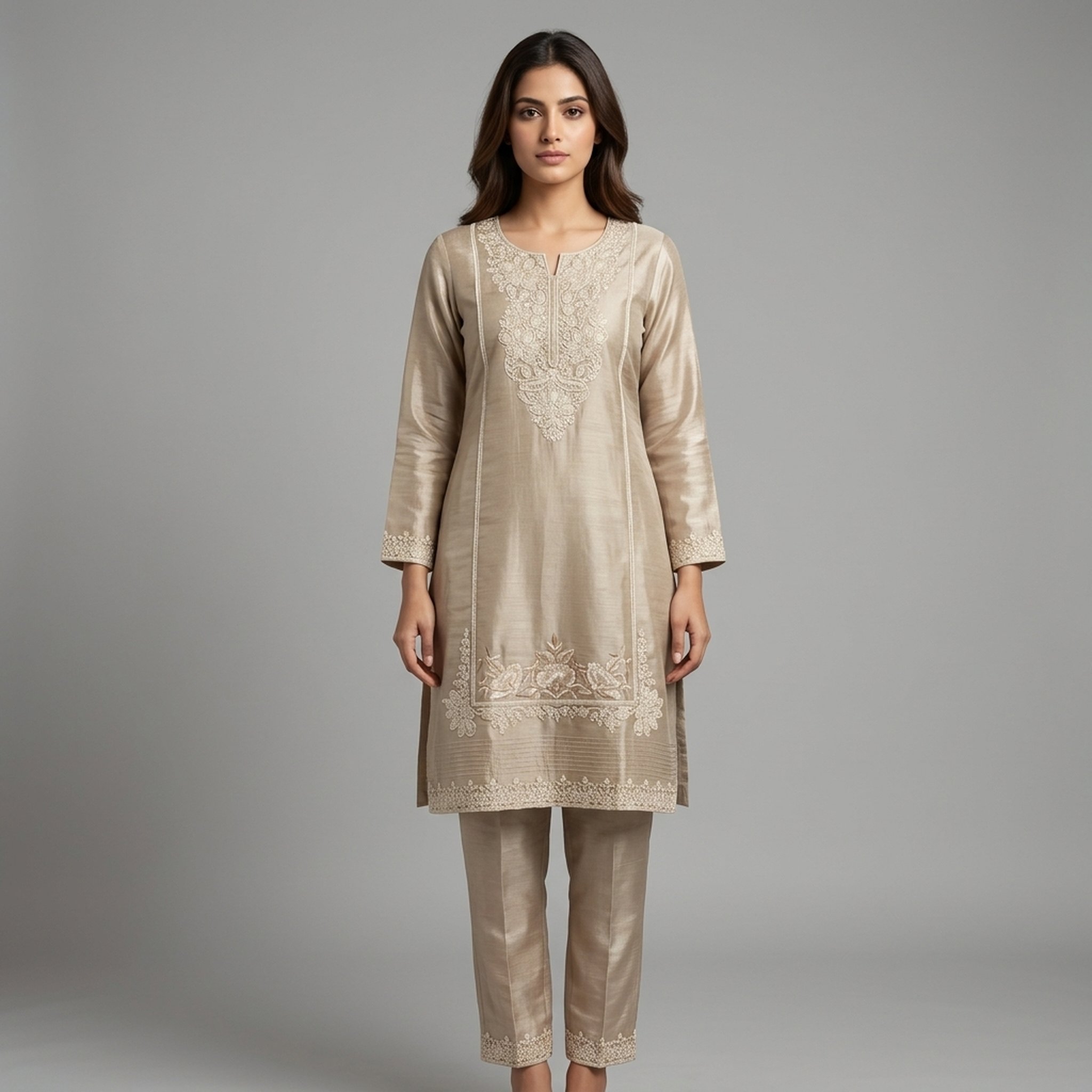 New Riwaz Garments Beige Embroidered Silk Kurta Set