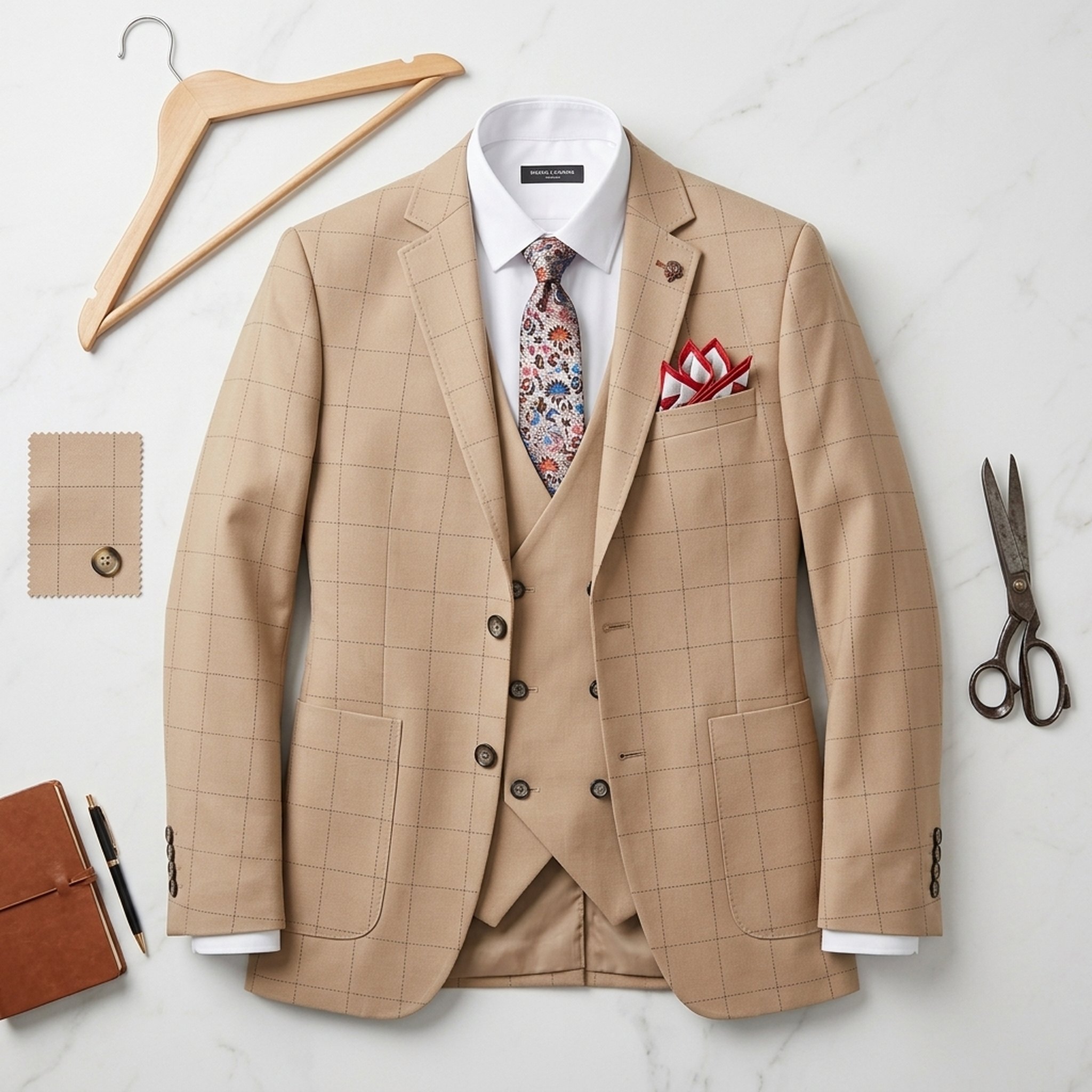 SK DESIGNER WEAR Men's Tan Check Three-Piece Suit 4