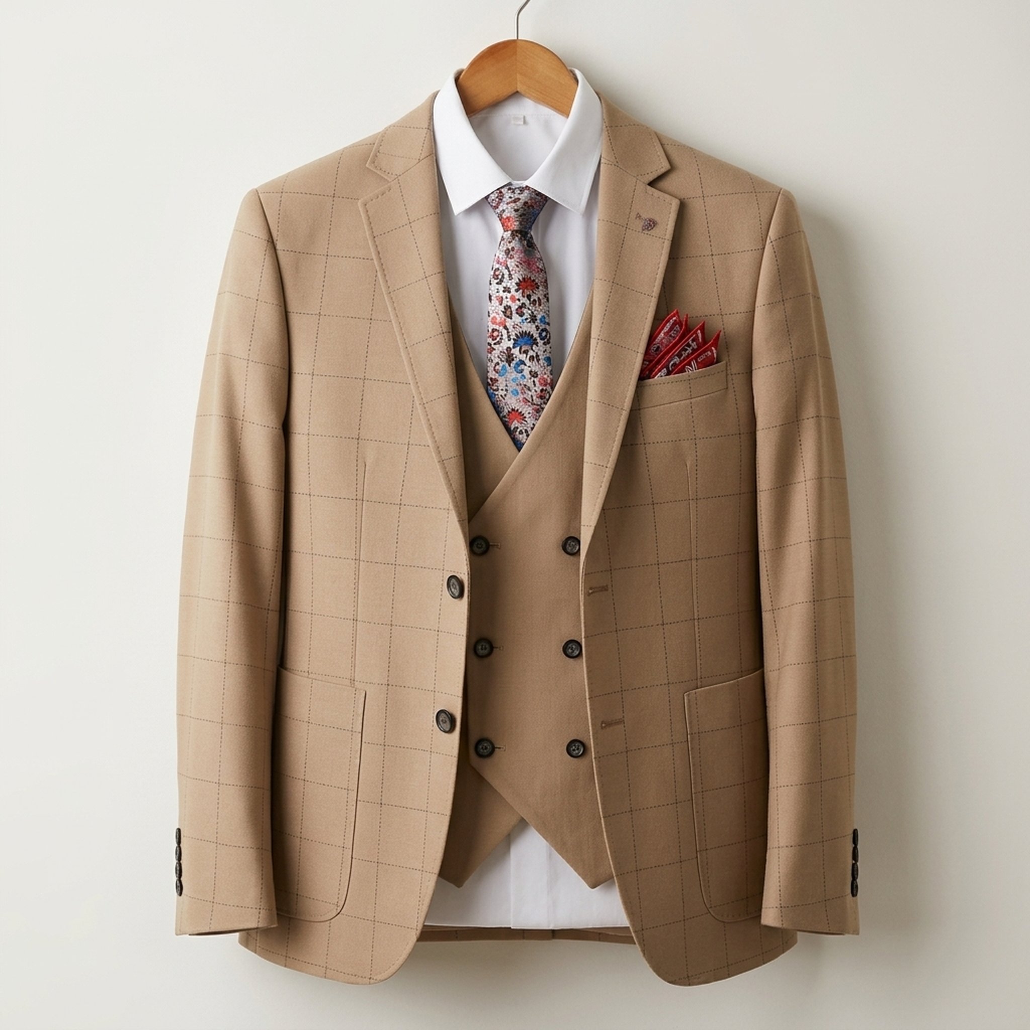 SK DESIGNER WEAR Men's Tan Check Three-Piece Suit 3