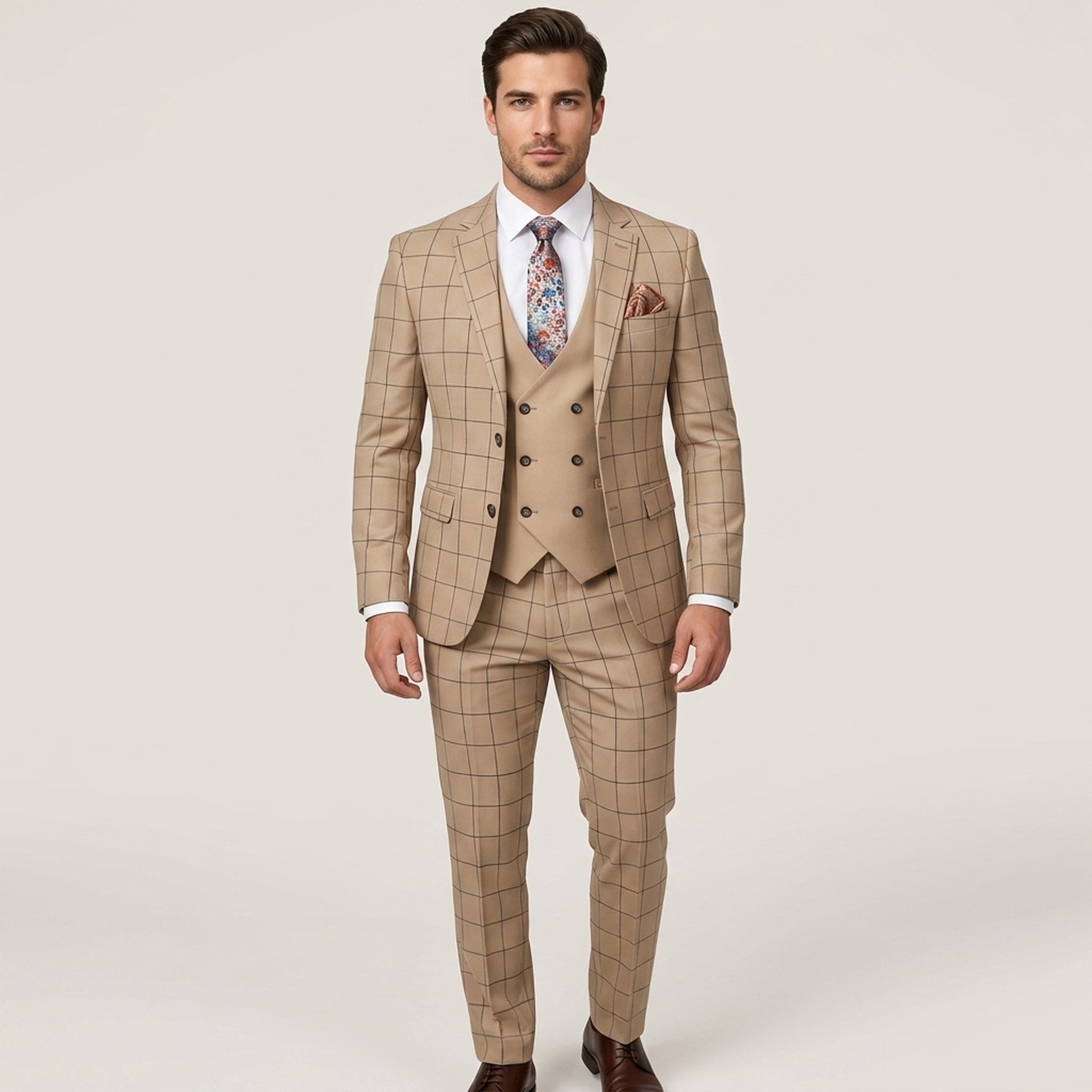 SK DESIGNER WEAR Men's Tan Check Three-Piece Suit