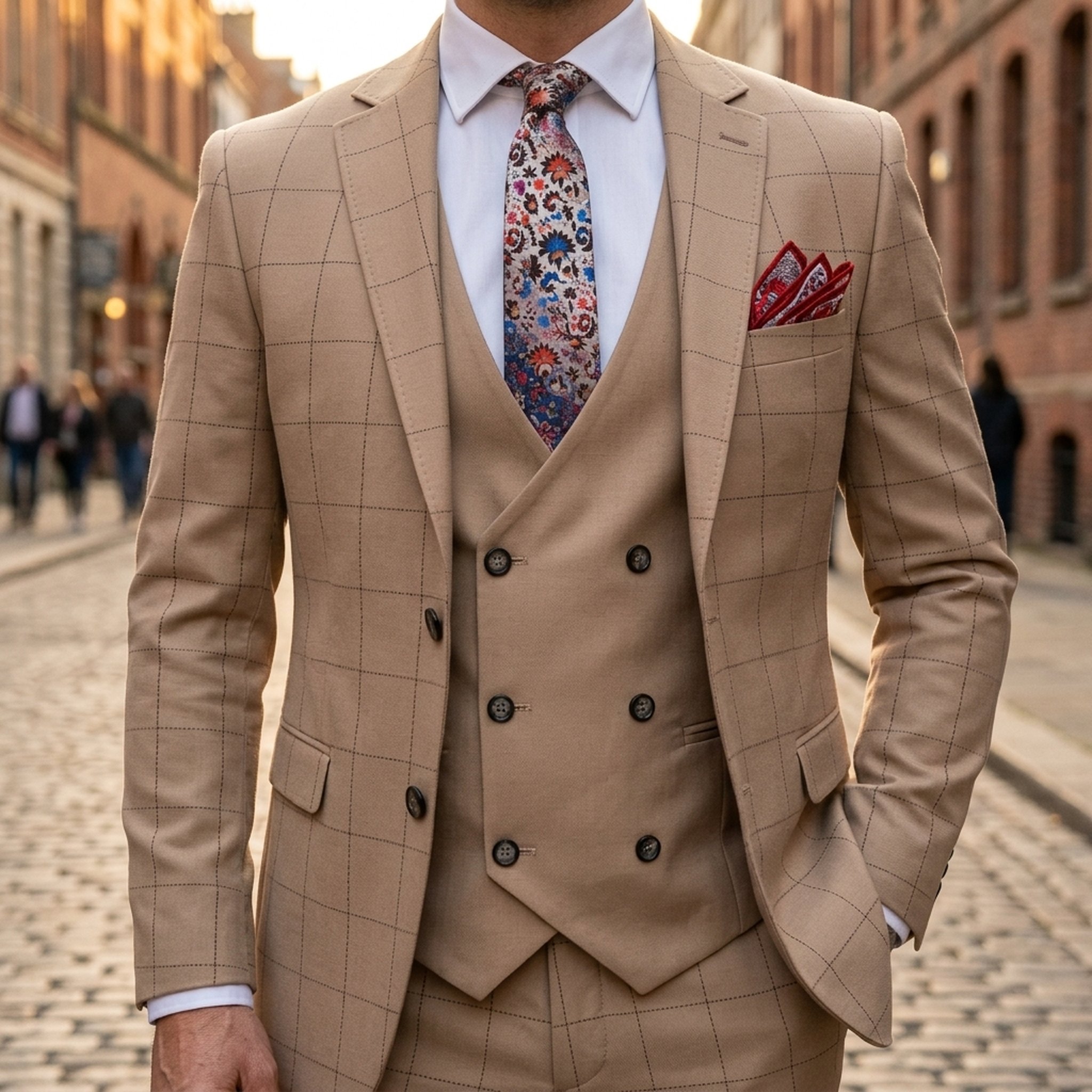 SK DESIGNER WEAR Men's Tan Check Three-Piece Suit 5