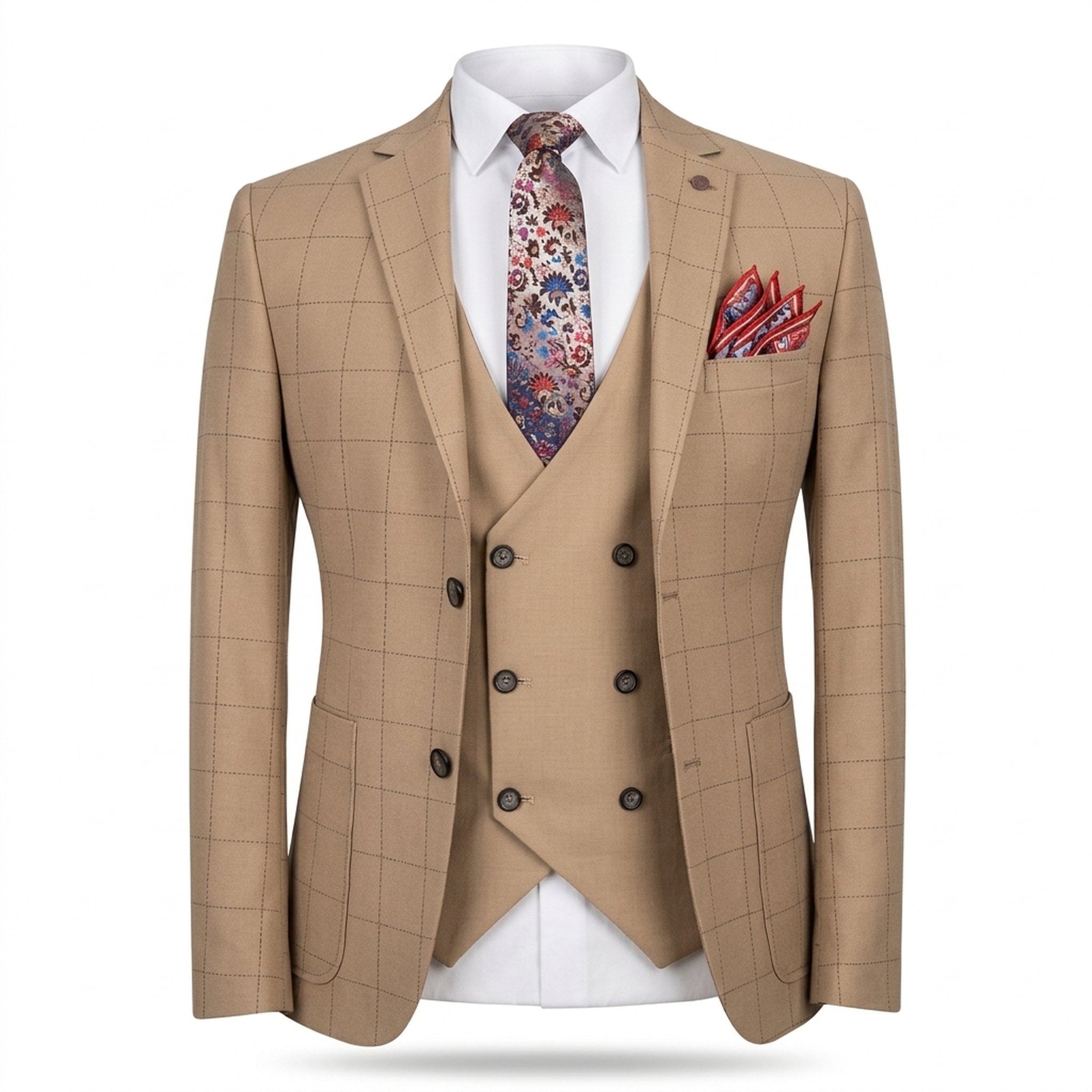 SK DESIGNER WEAR Men's Tan Check Three-Piece Suit 2