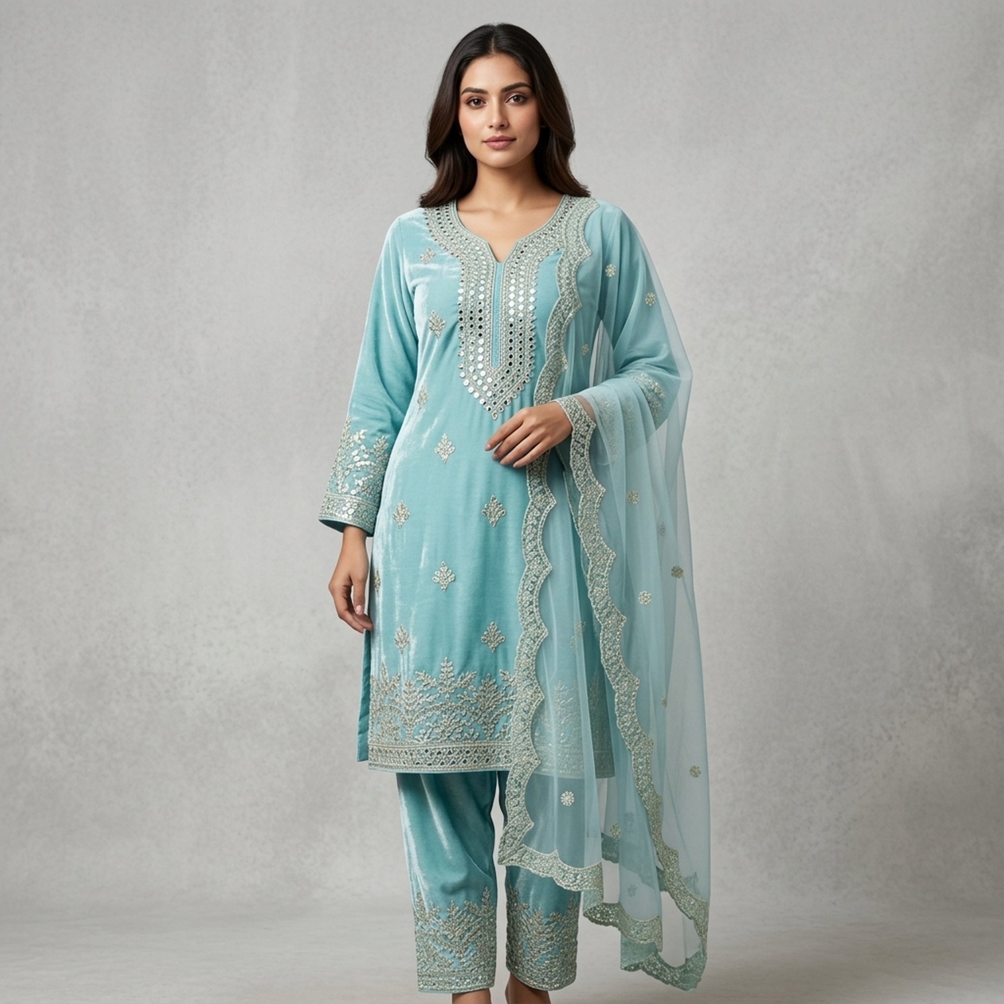 Poshaak Women's Tissue Shimar Embroidered Salwar Suit