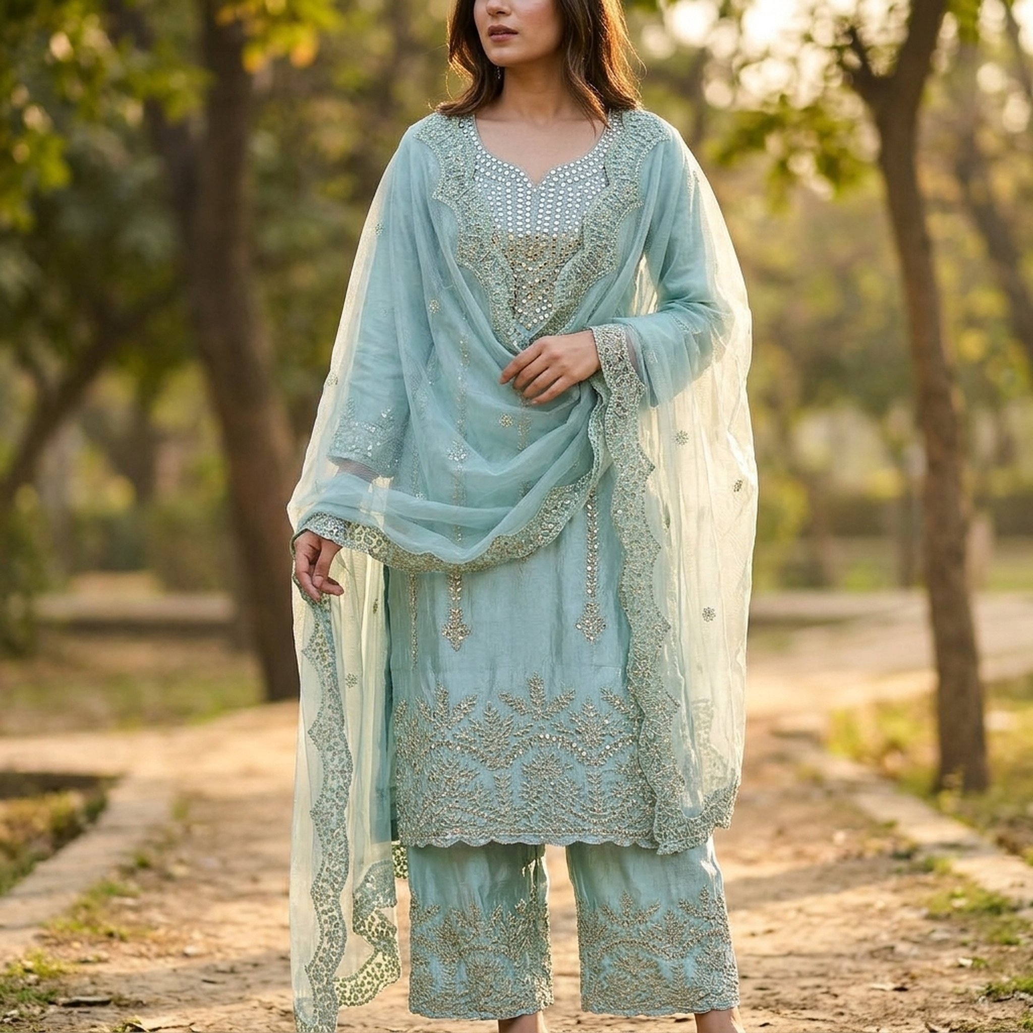 Poshaak Women's Tissue Shimar Embroidered Salwar Suit 5