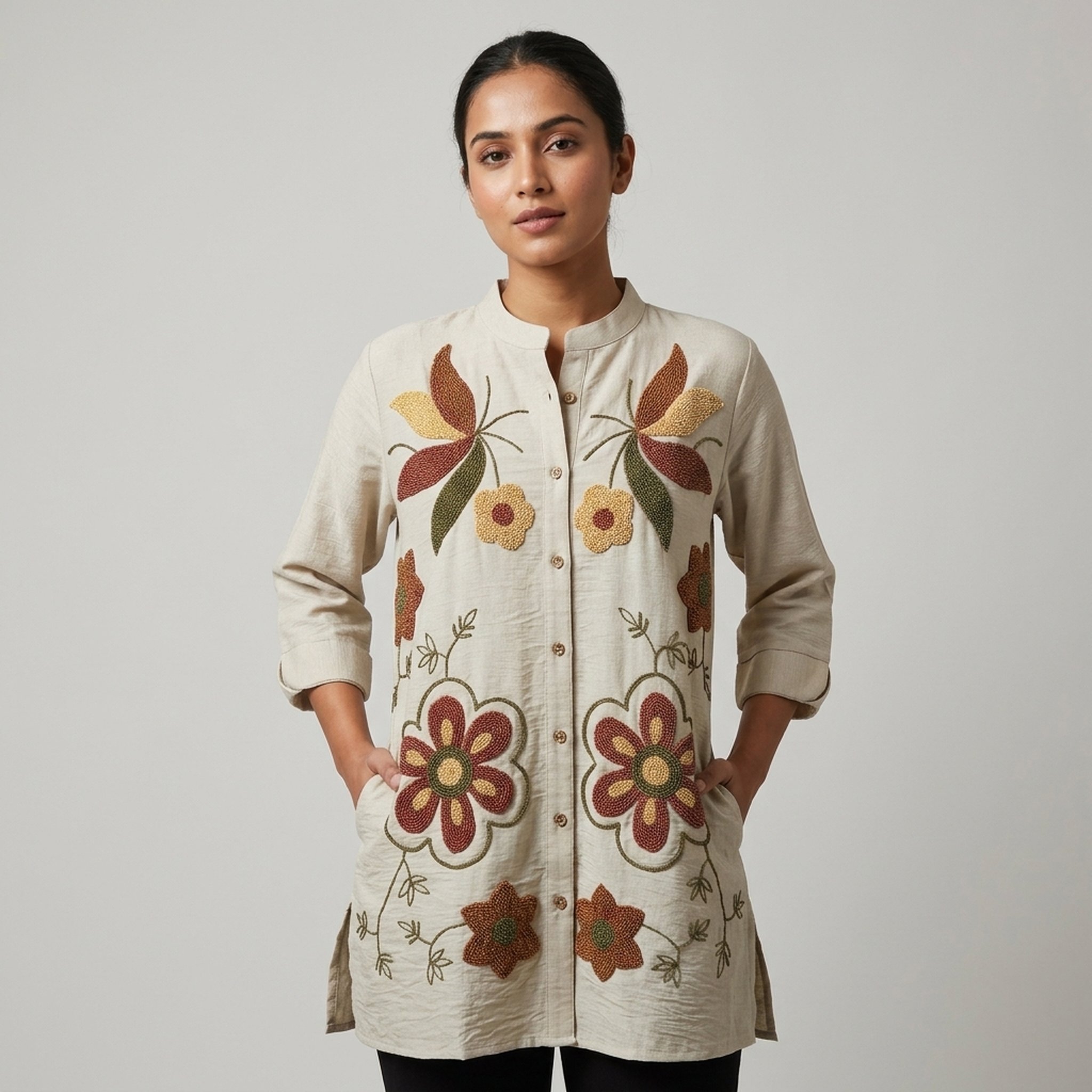 Style fit Beige Floral Embroidered Women's Tunic