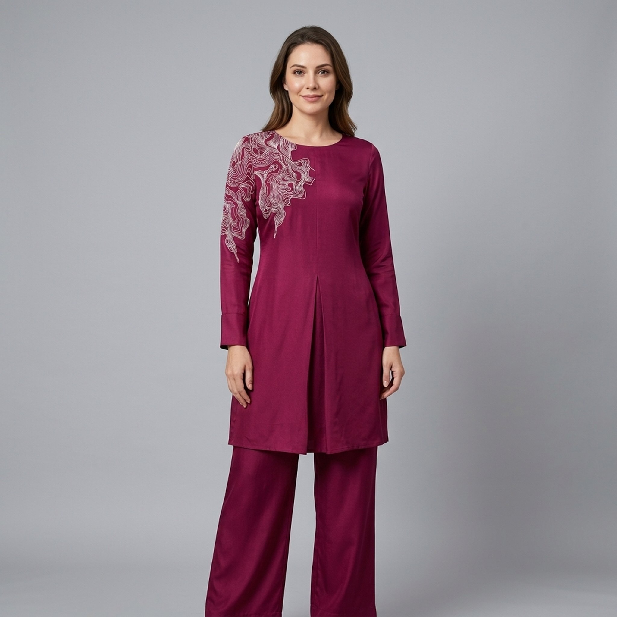 Style fit Women's Embroidered Maroon Tunic and Trousers