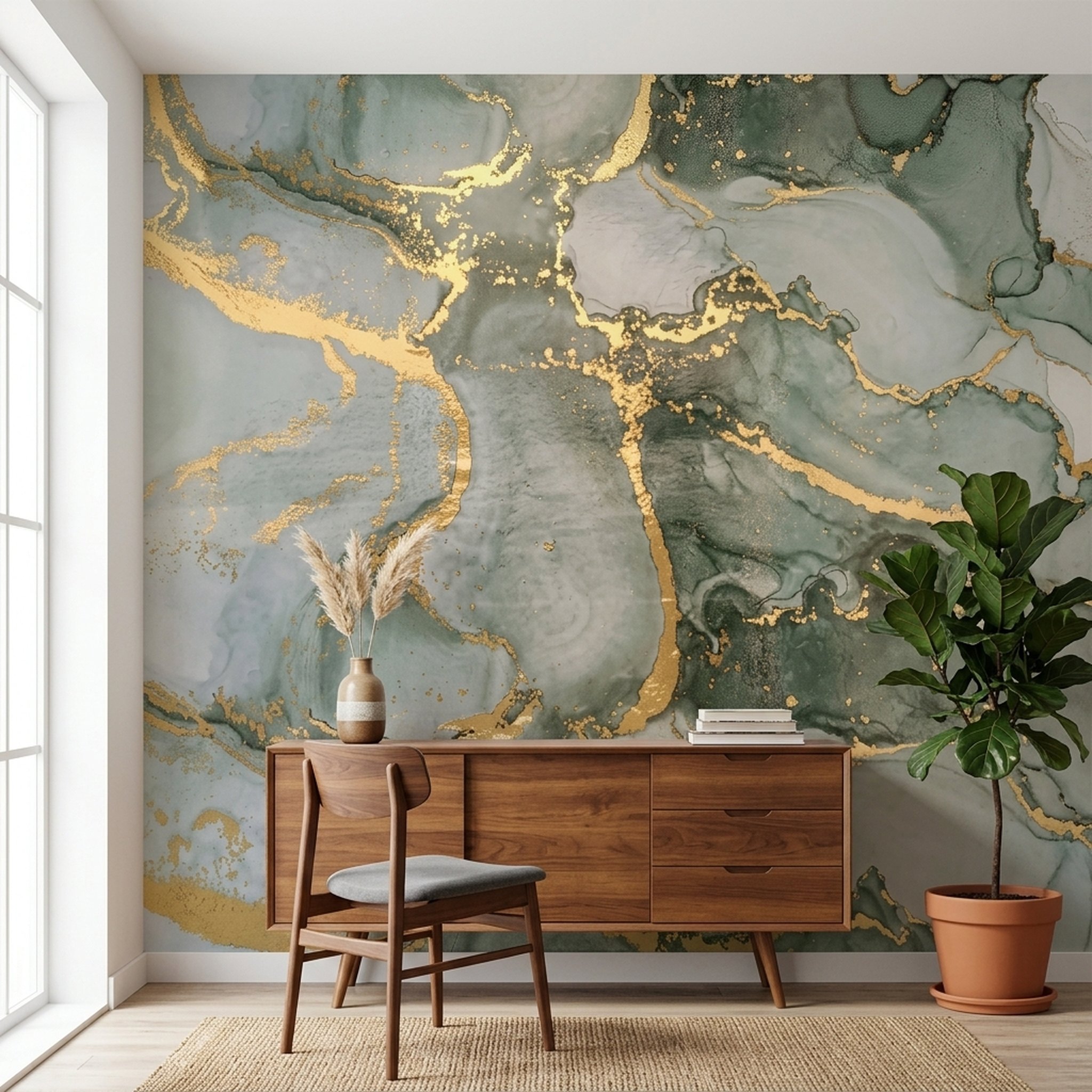 GURU JI DECOR AND ELECTRICAL Green Gold Abstract Marble Wallpaper