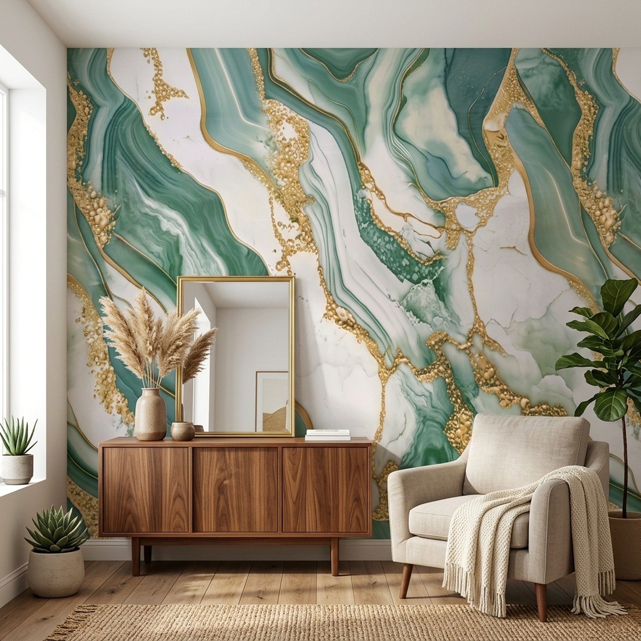 GURU JI DECOR AND ELECTRICAL Elegant Green Gold Marble Wall Mural