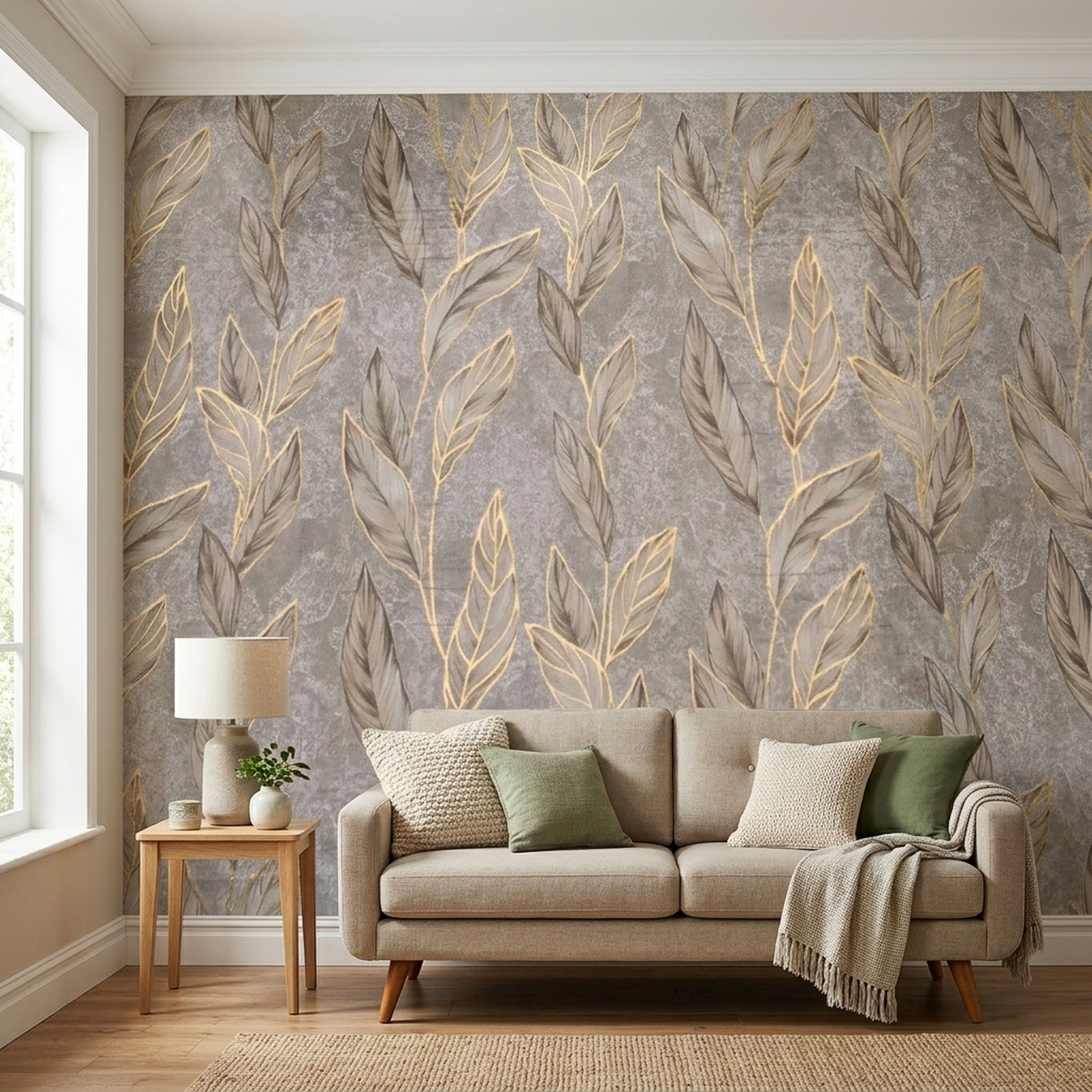 GURU JI DECOR AND ELECTRICAL Grey Gold Leaf Pattern Wall Sticker