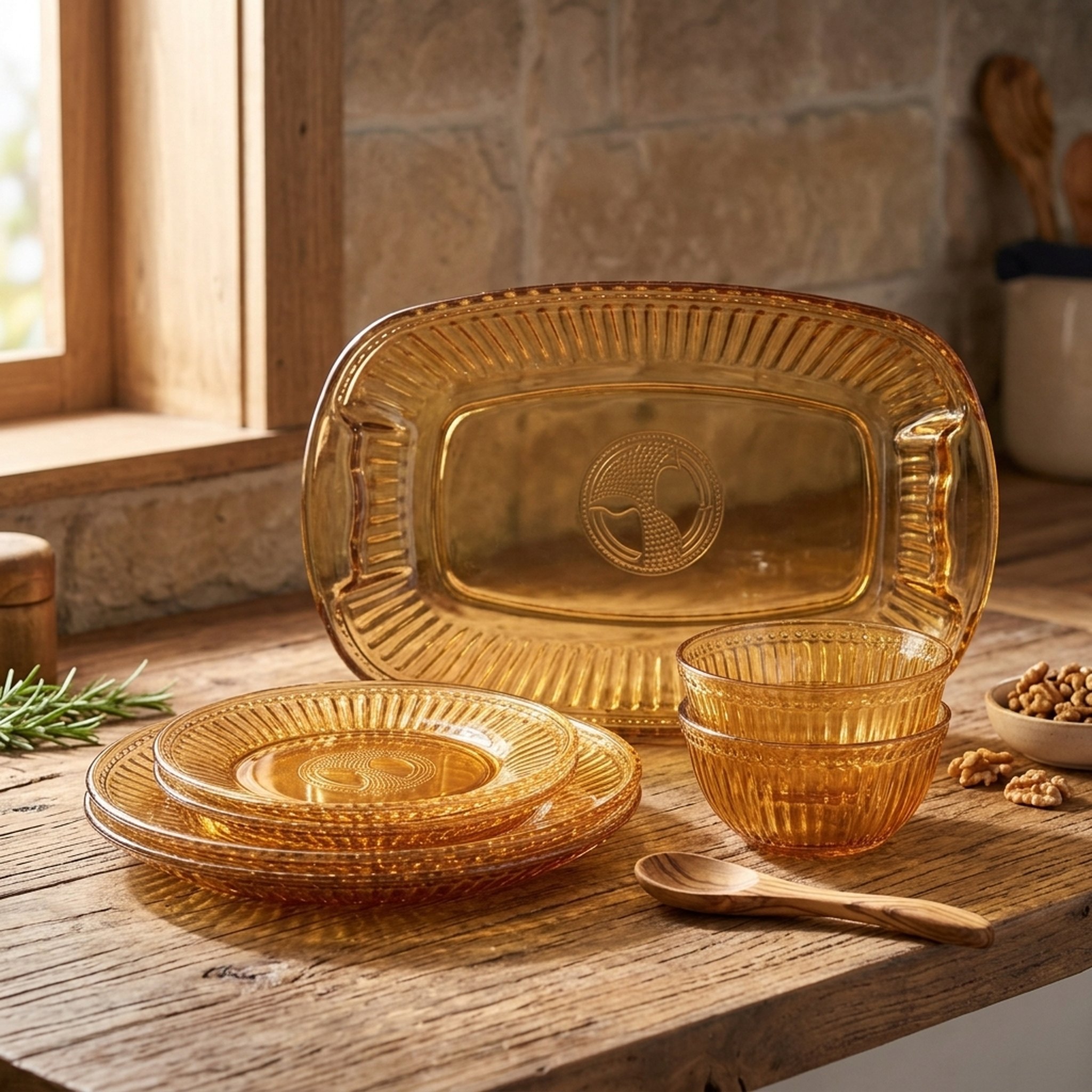 Textured Amber Glass Dinner Set ( 7 pcs )