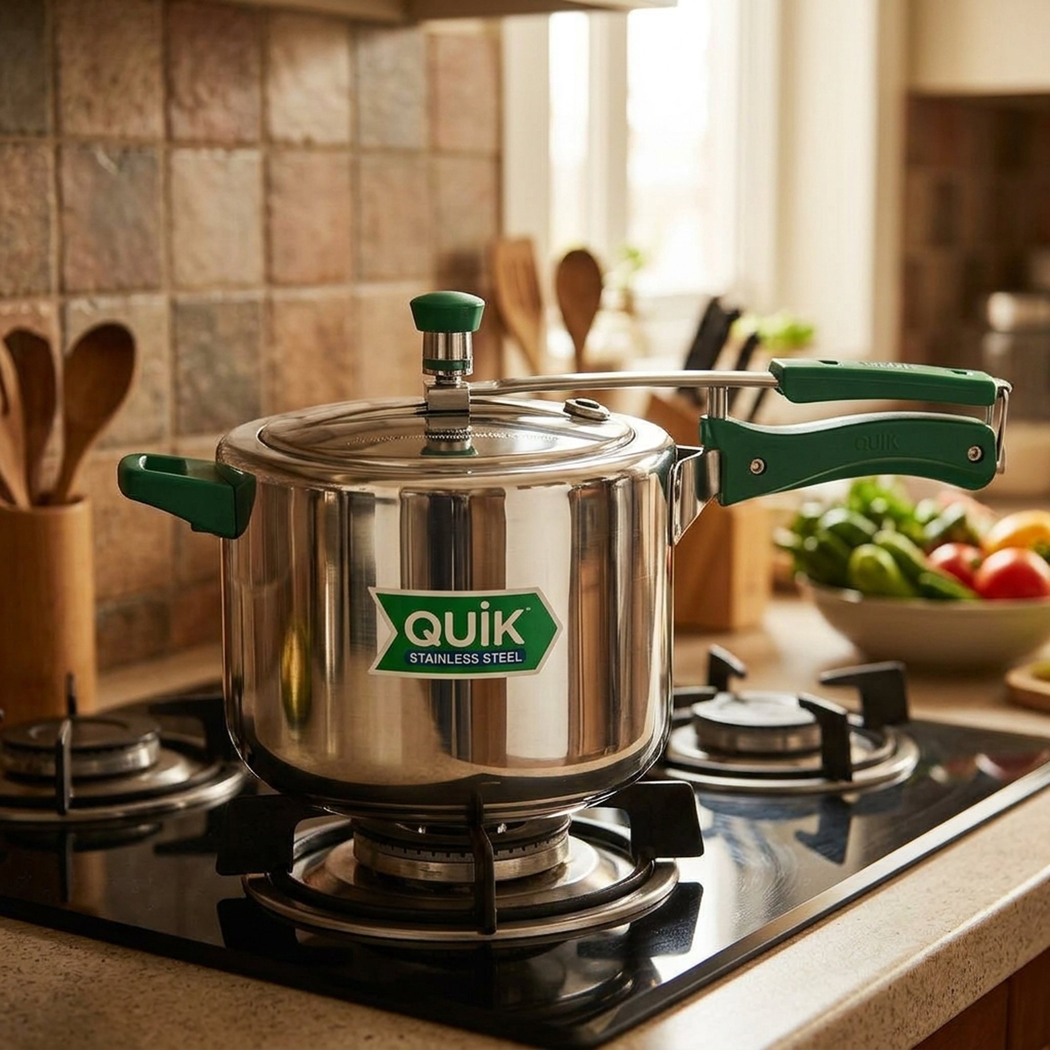 Stainless Steel Pressure Cooker with Green Handles