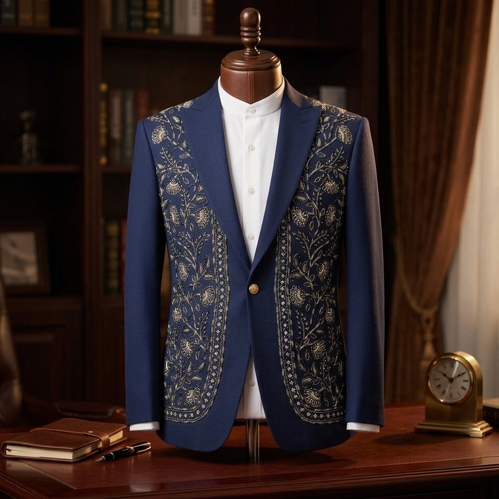 KingUp Man Men's Navy Blue Embroidered Formal Blazer 5