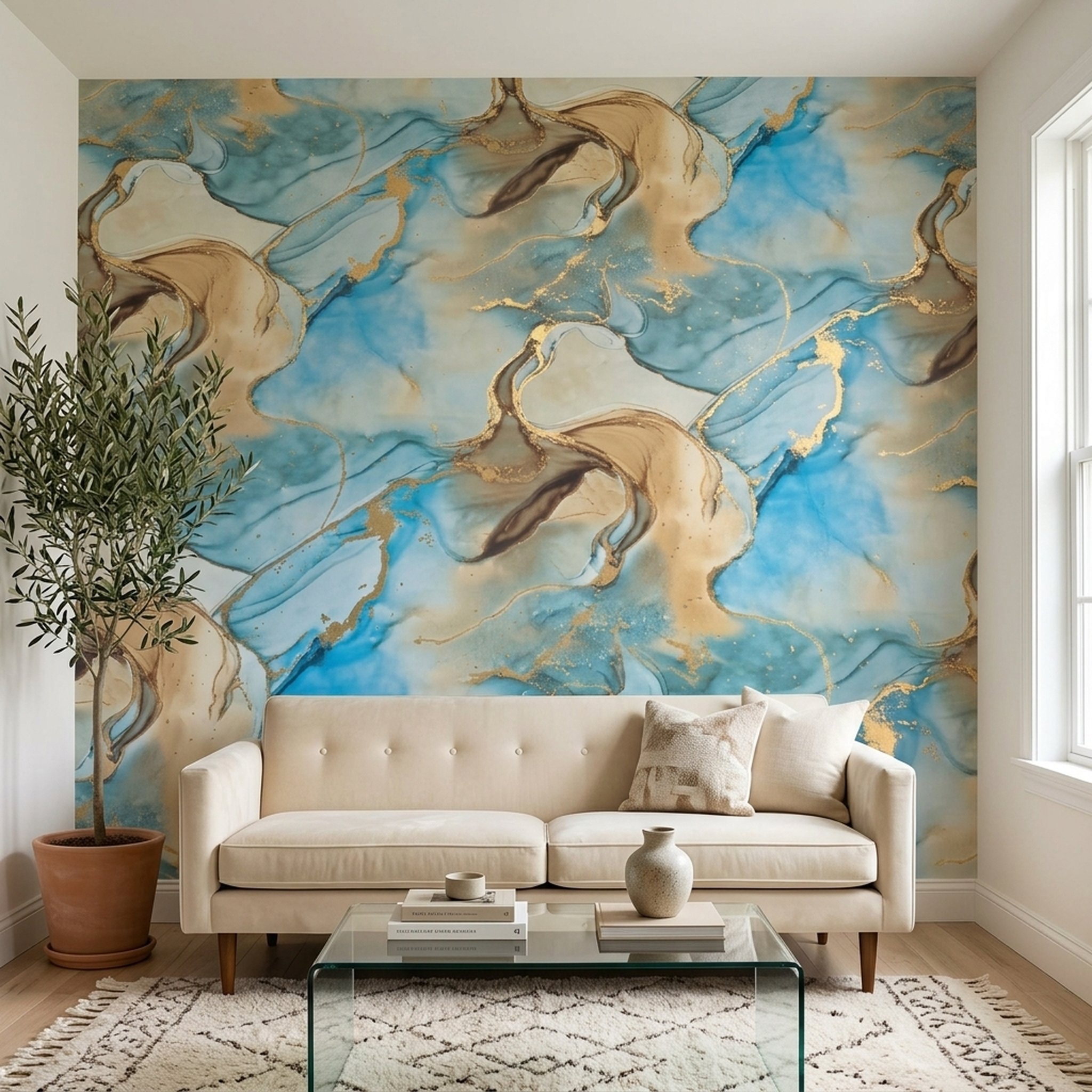 GURU JI DECOR AND ELECTRICAL Teal Gold Marble Effect Wallpaper