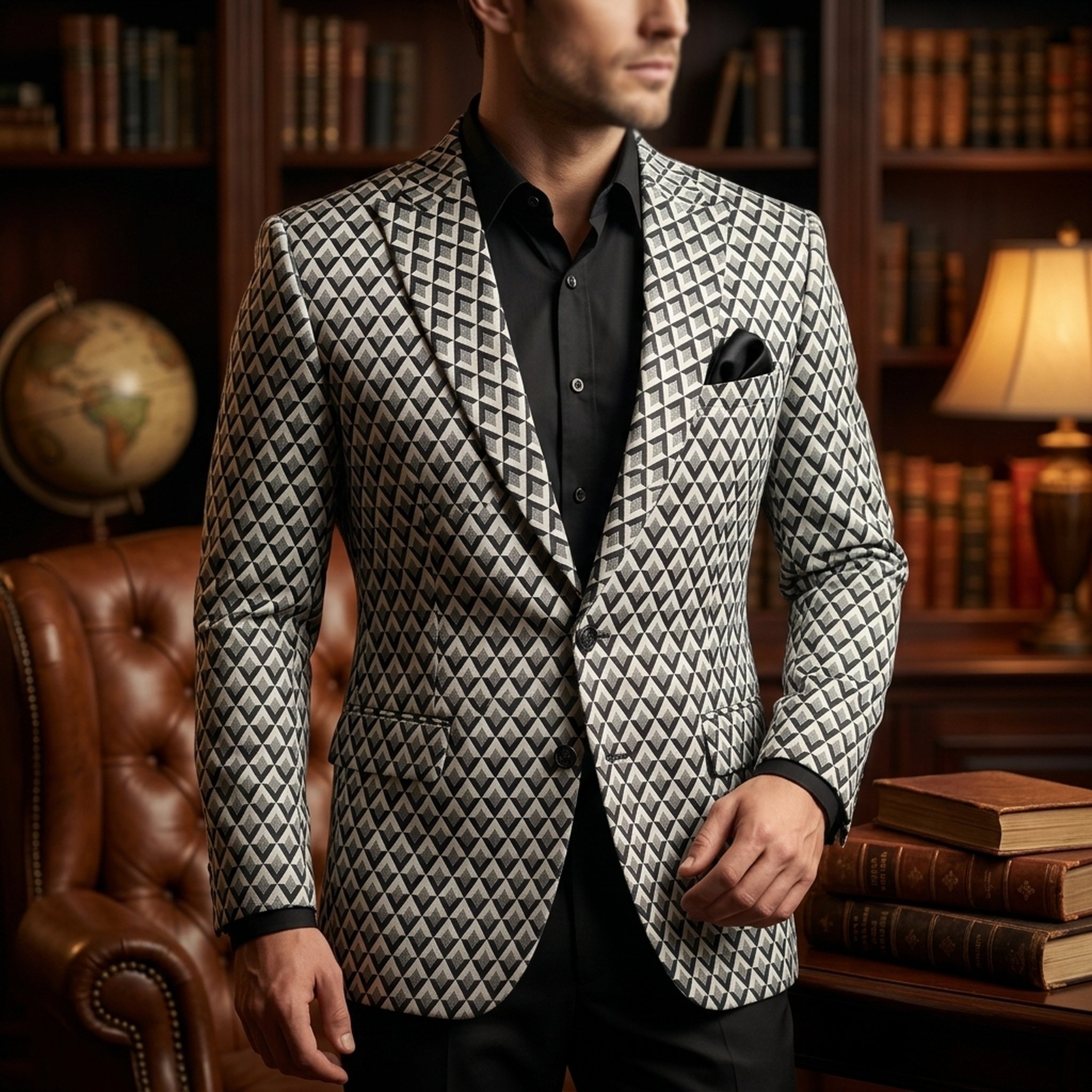 KingUp Man Men's Geometric Pattern Black And White Blazer 5