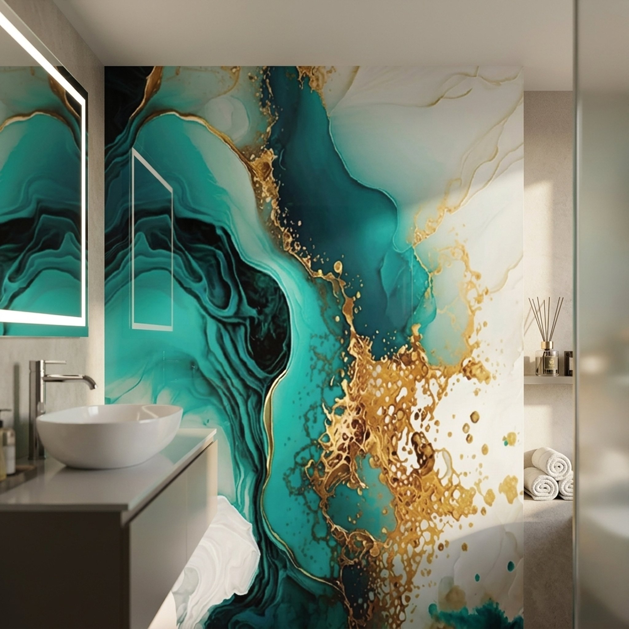 GURU JI DECOR AND ELECTRICAL Abstract Teal Gold Fluid Wall Art