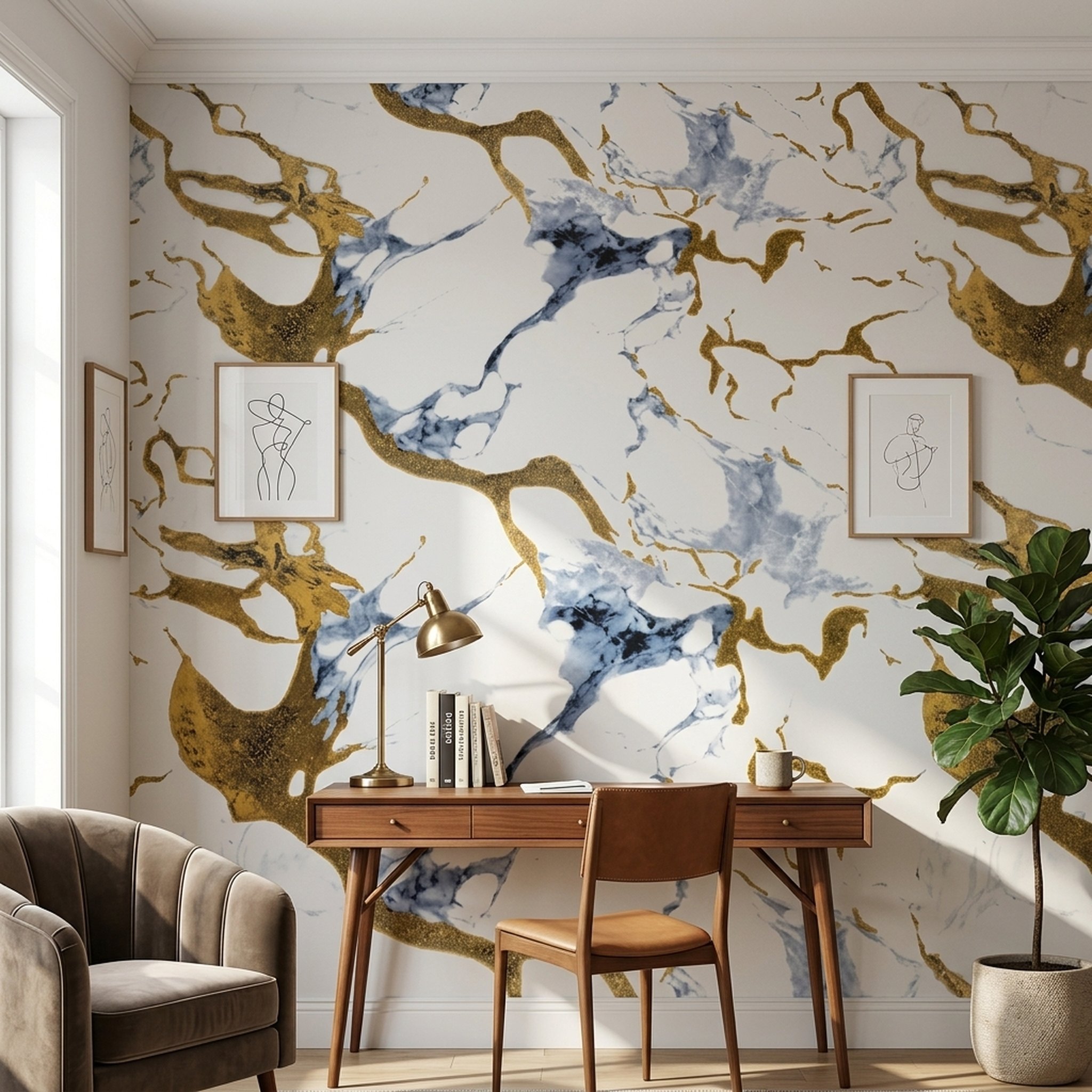 GURU JI DECOR AND ELECTRICAL White Gold Blue Marble Wallpaper