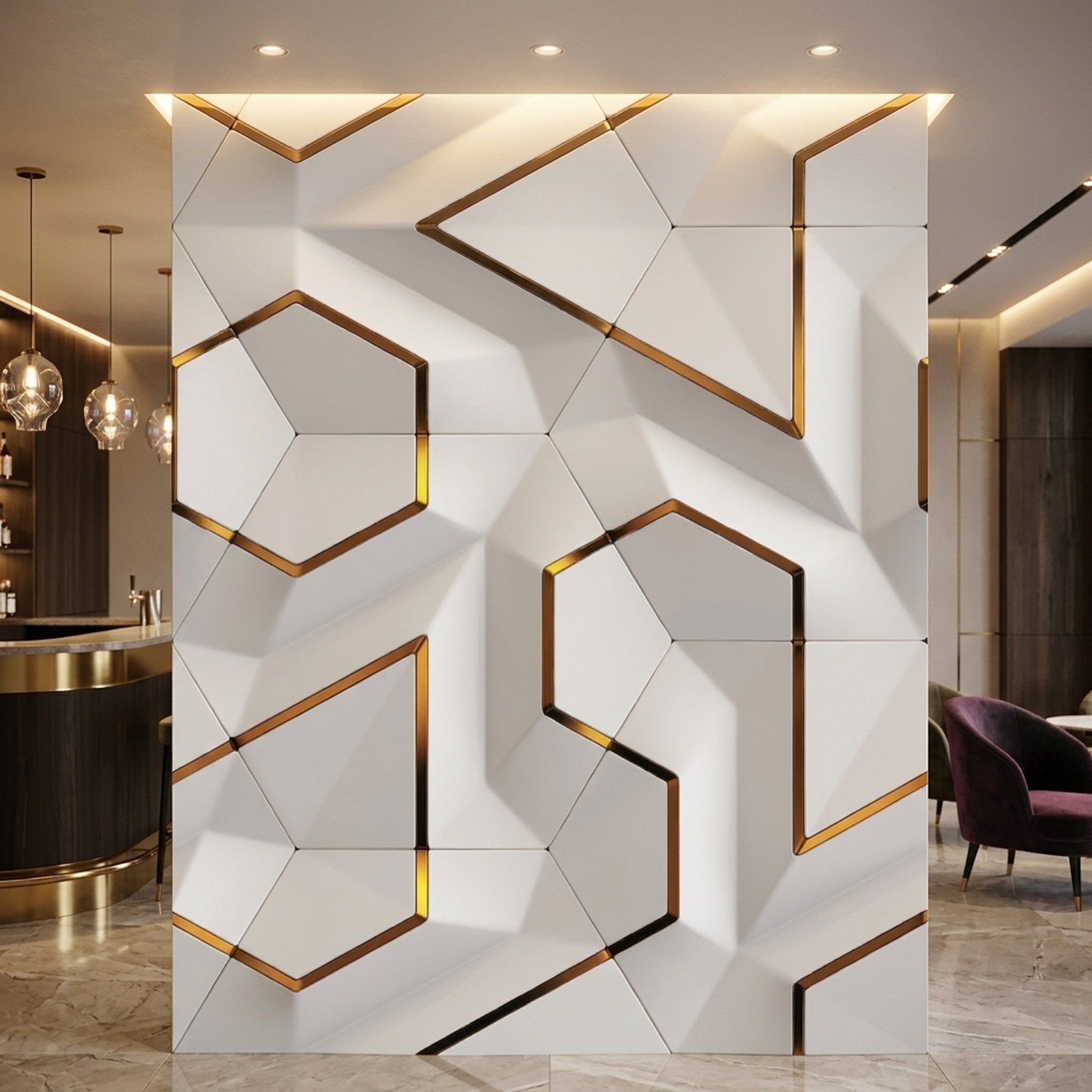 GURU JI DECOR AND ELECTRICAL White & Gold Geometric 3D Wall Panel