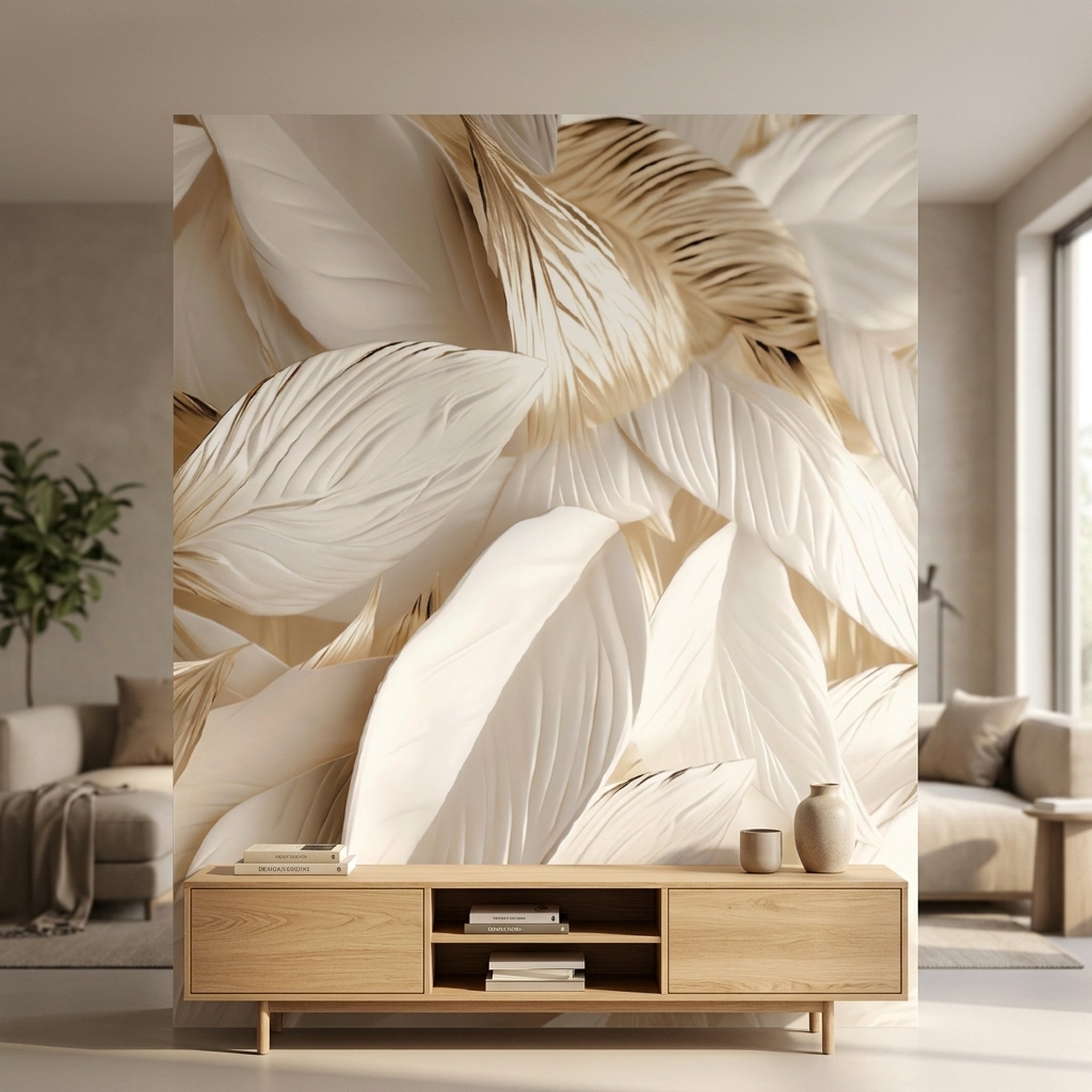 GURU JI DECOR AND ELECTRICAL Large White Gold Feather Art Panel