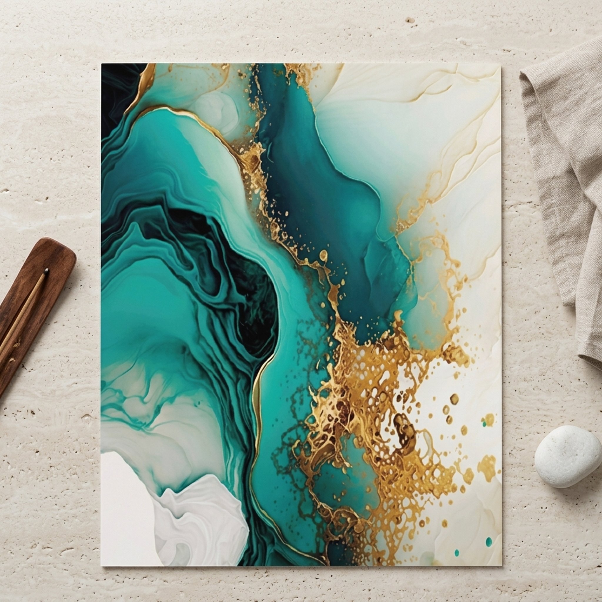 GURU JI DECOR AND ELECTRICAL Abstract Teal Gold Fluid Wall Art 5