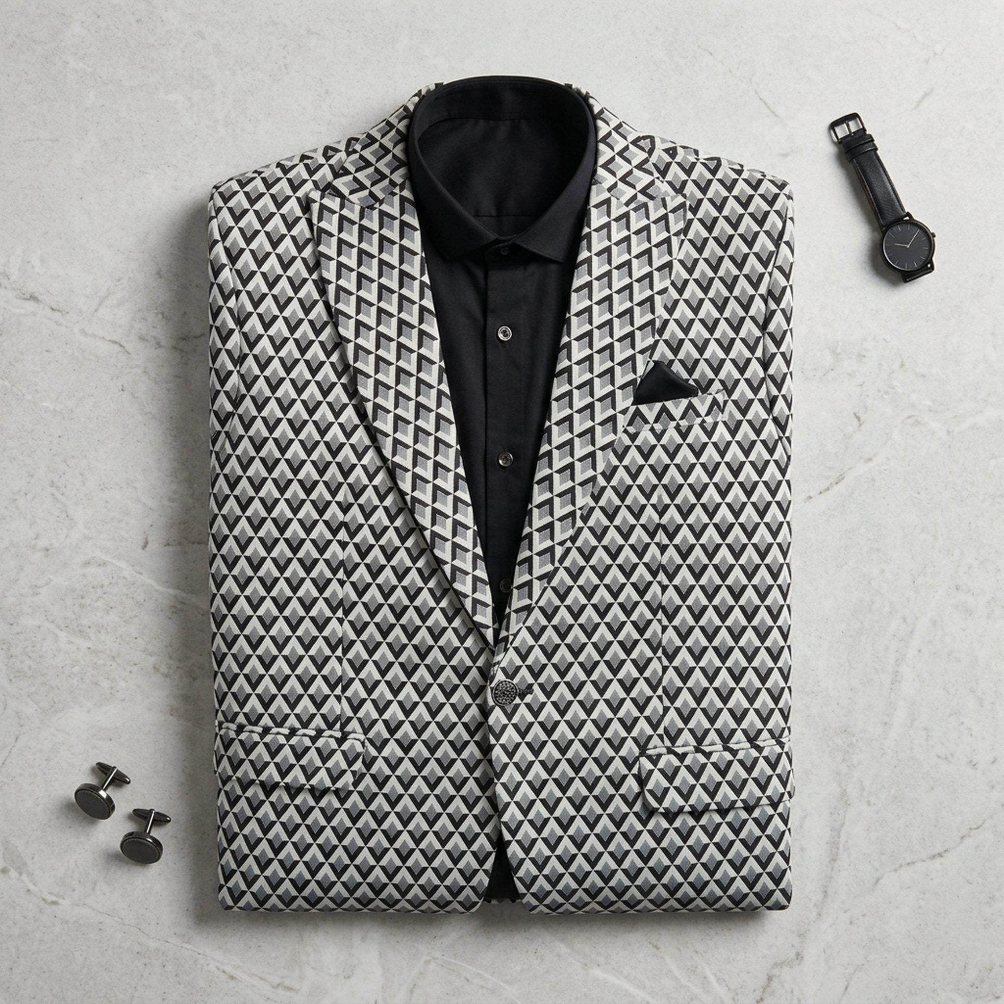 KingUp Man Men's Geometric Pattern Black And White Blazer 4