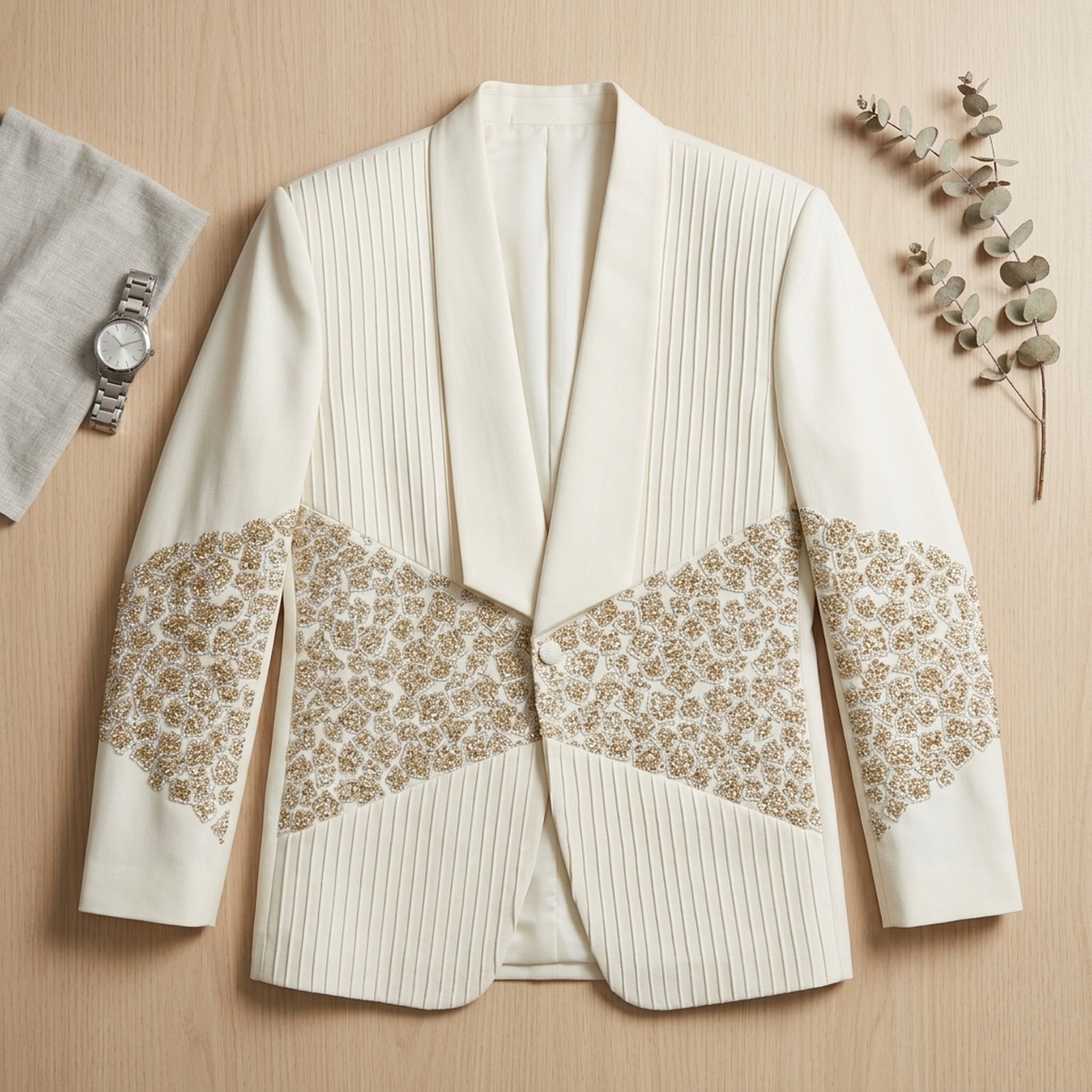 KingUp Man Men's Embellished Off-White Pleated Blazer 4