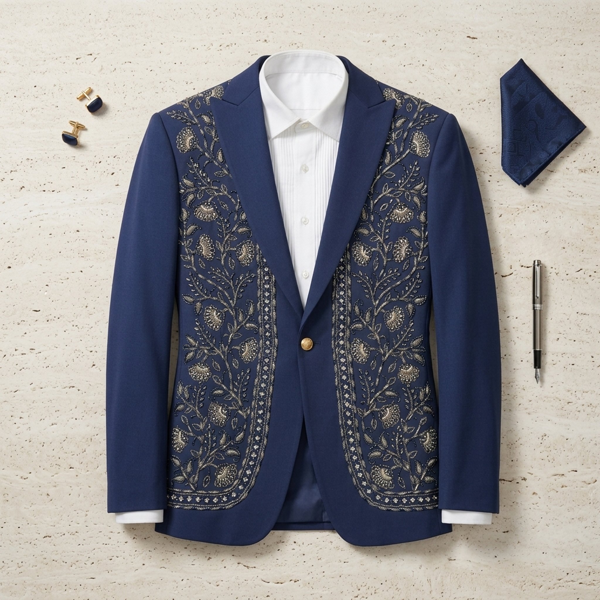 KingUp Man Men's Navy Blue Embroidered Formal Blazer 4