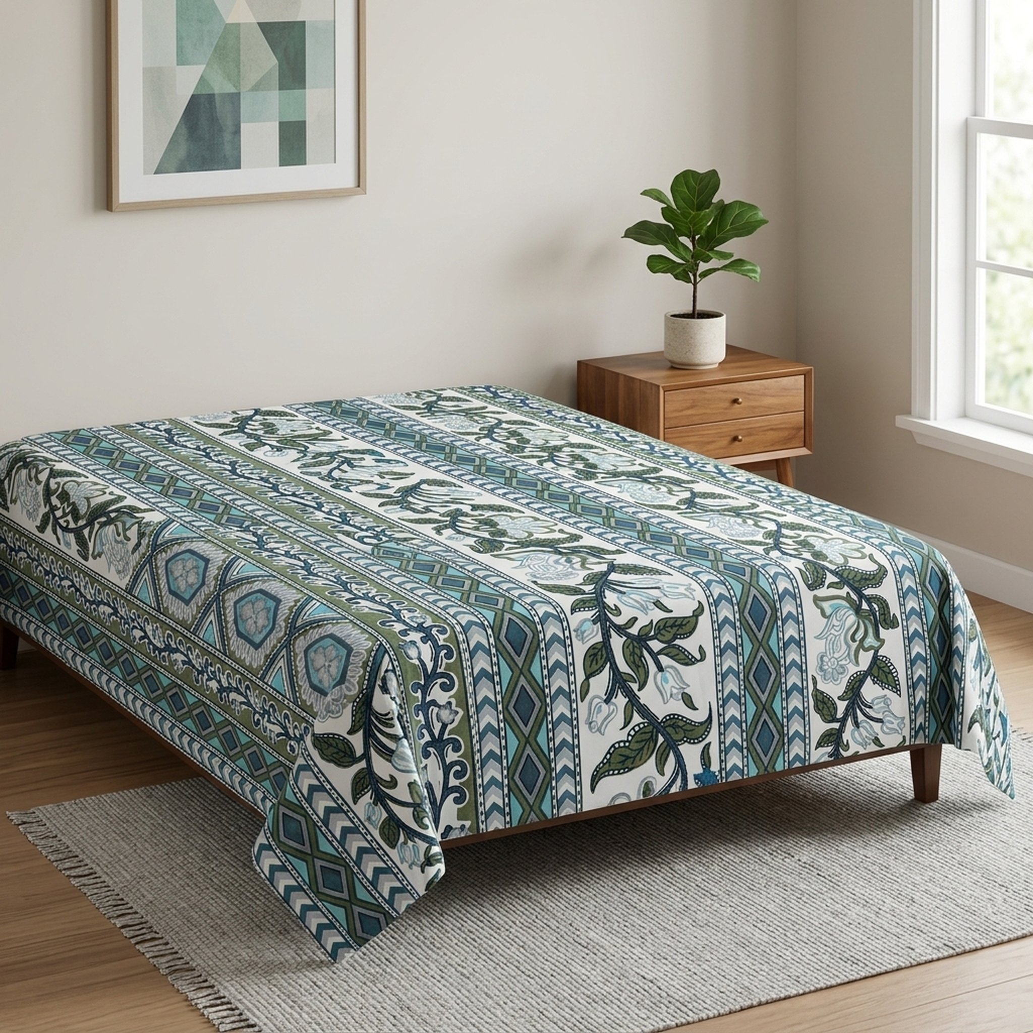 Shree Om Handloom Blue And Green Printed Cotton Bedsheet