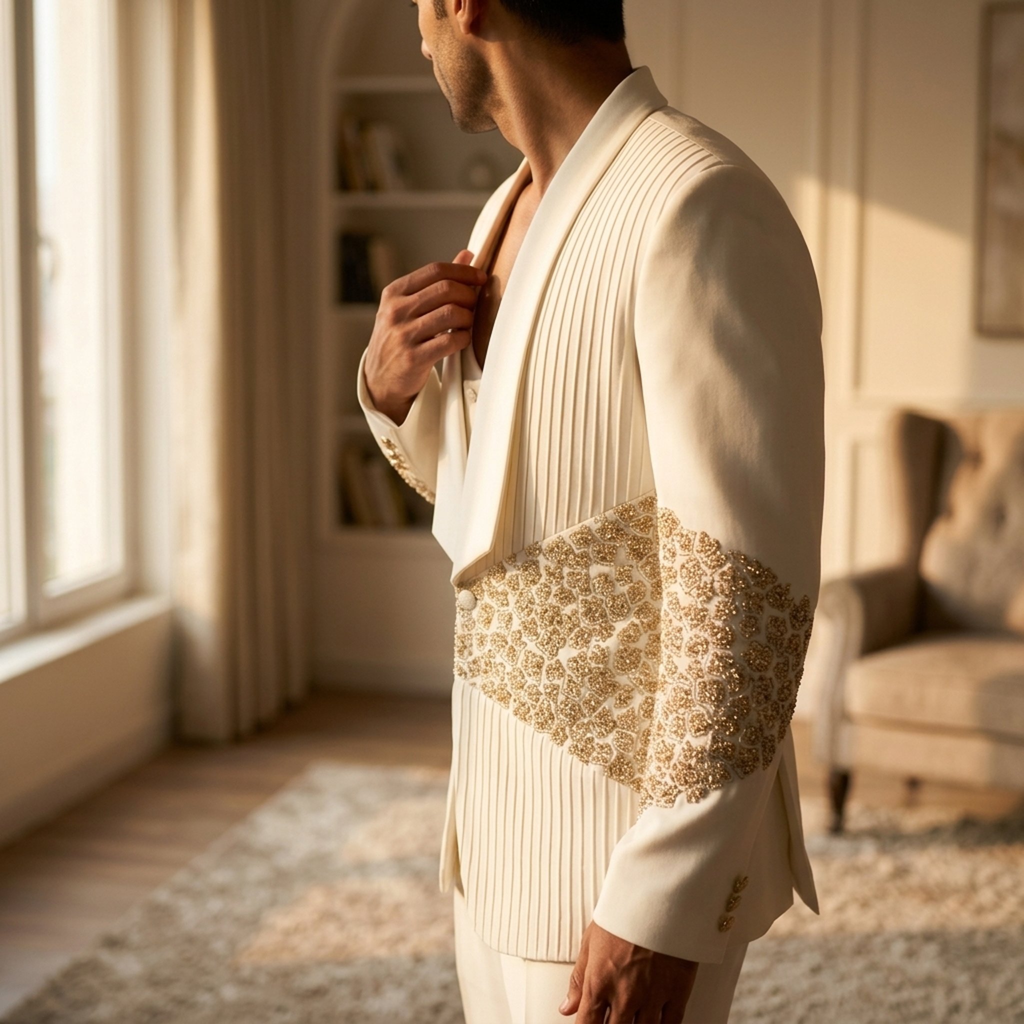 KingUp Man Men's Embellished Off-White Pleated Blazer 2