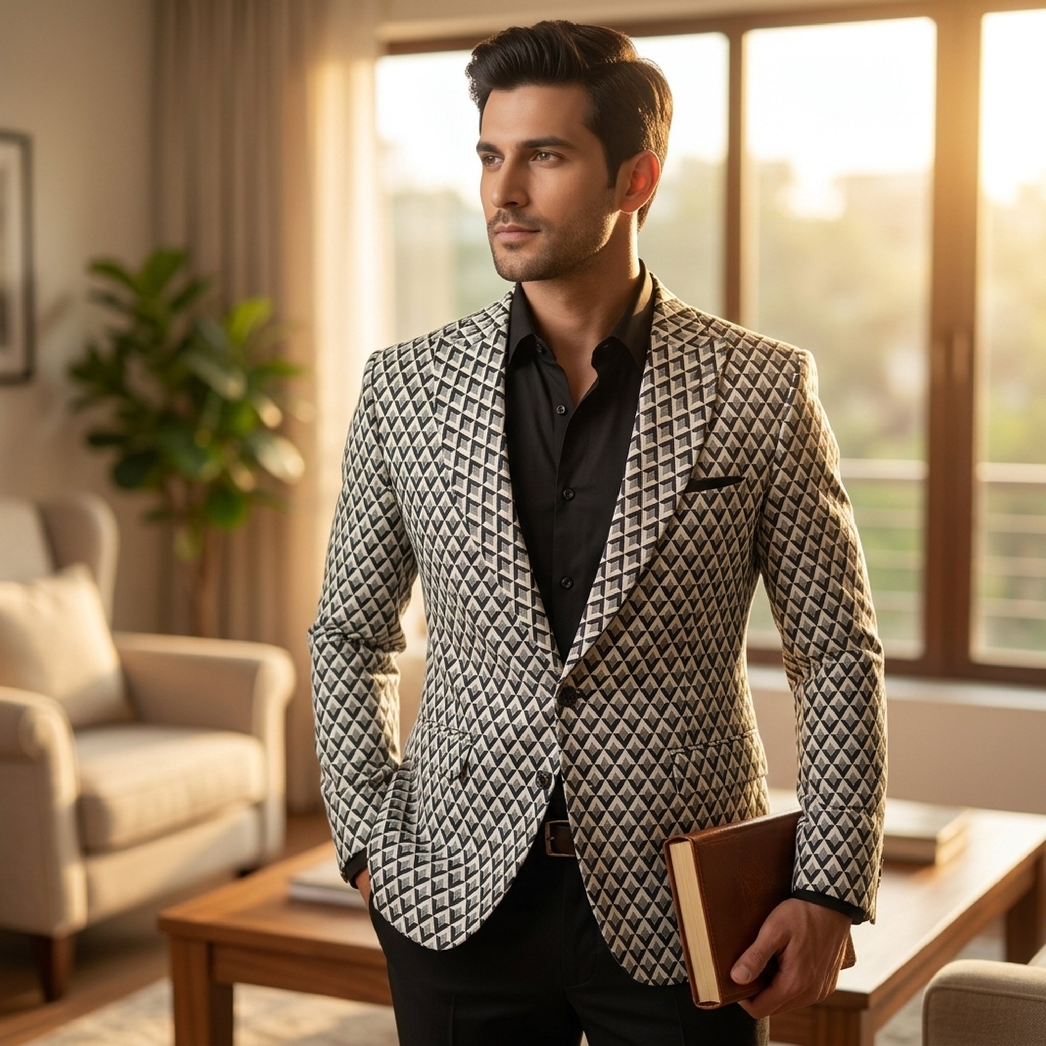 KingUp Man Men's Geometric Pattern Black And White Blazer 2