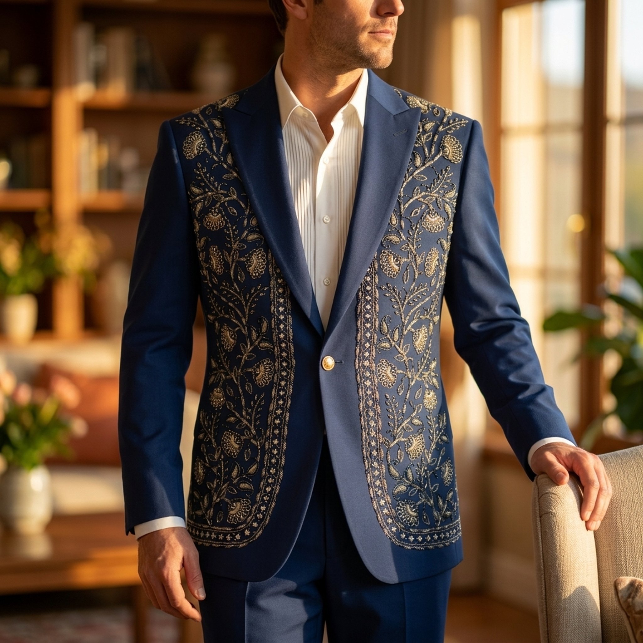 KingUp Man Men's Navy Blue Embroidered Formal Blazer 2