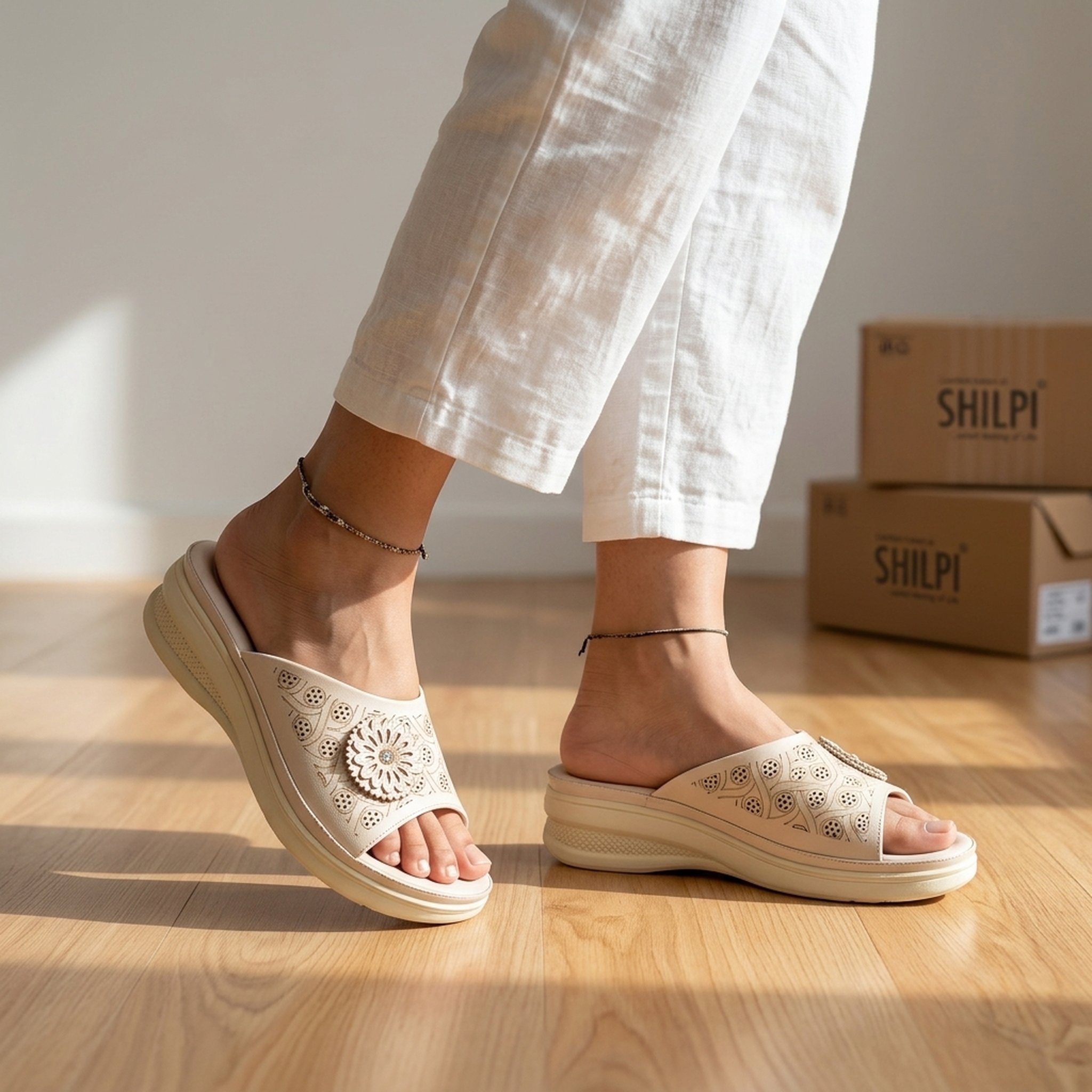 Keron footwear Women's Beige Floral Wedge Sandals