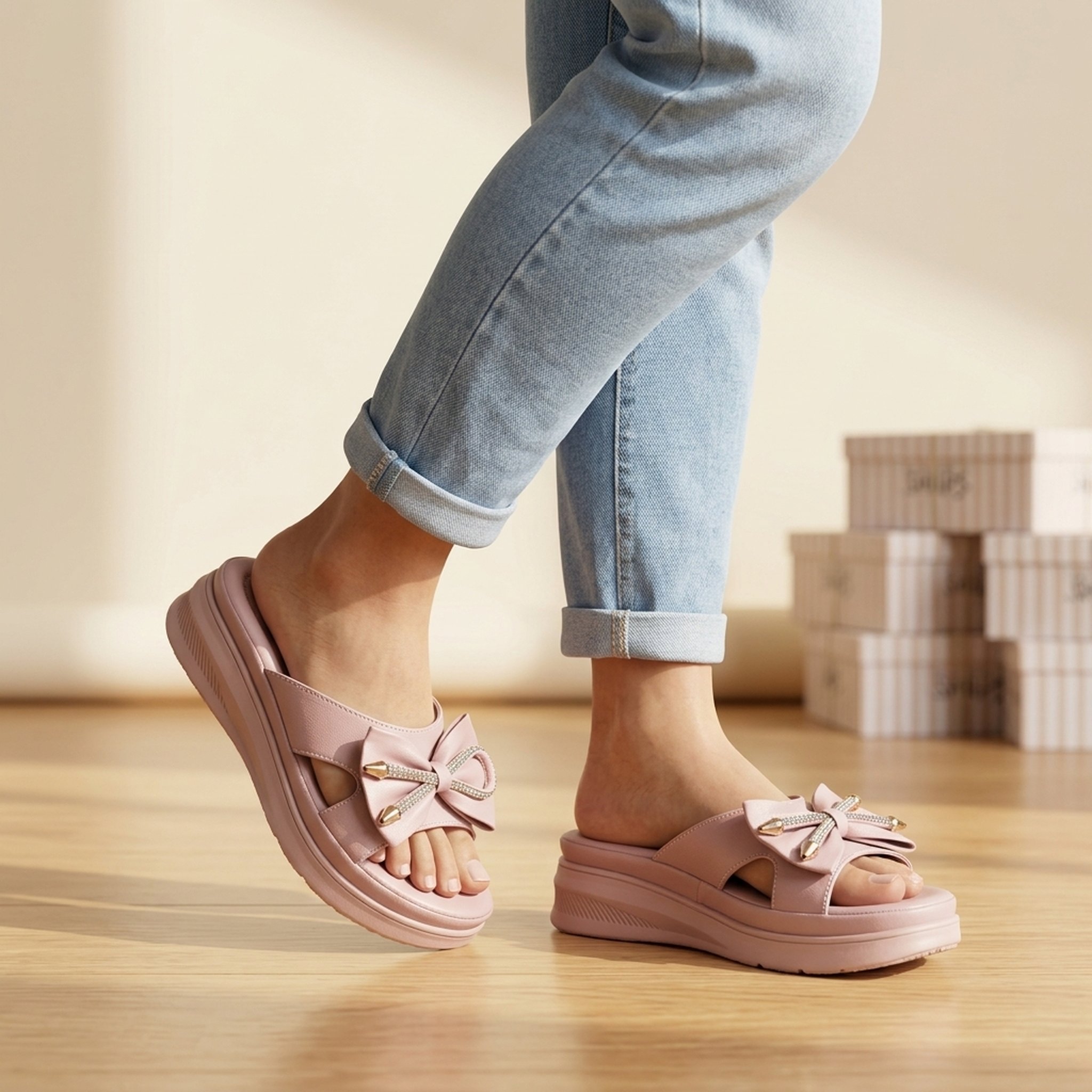 Keron footwear Women's Pink Bow Platform Sandals