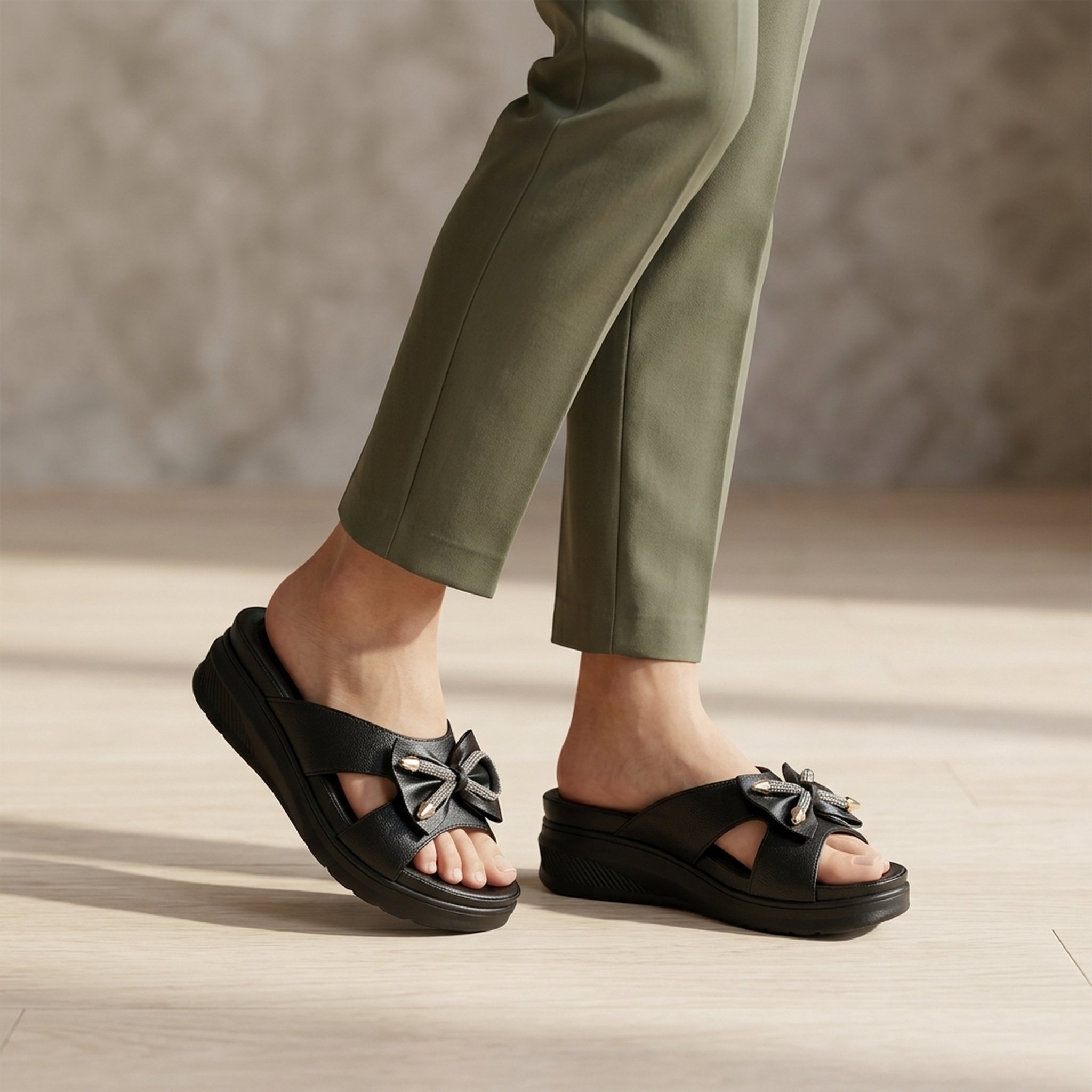 Keron footwear Women's Black Embellished Bow Sandals