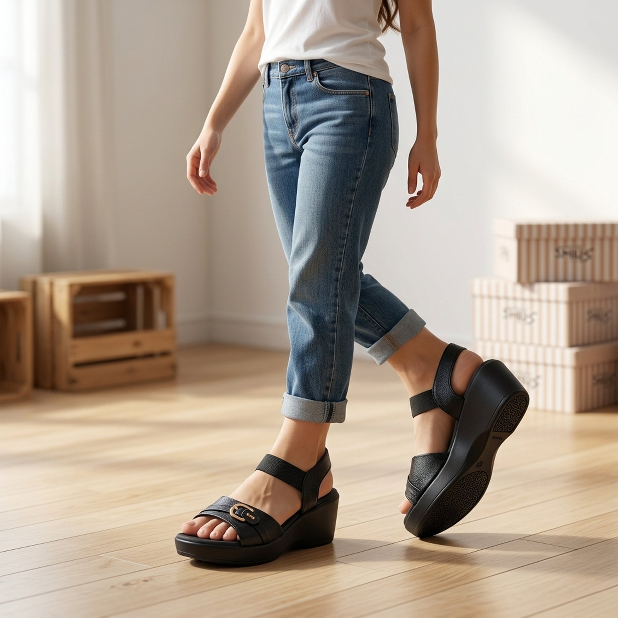 Keron footwear Women's Black Strappy Wedge Sandals
