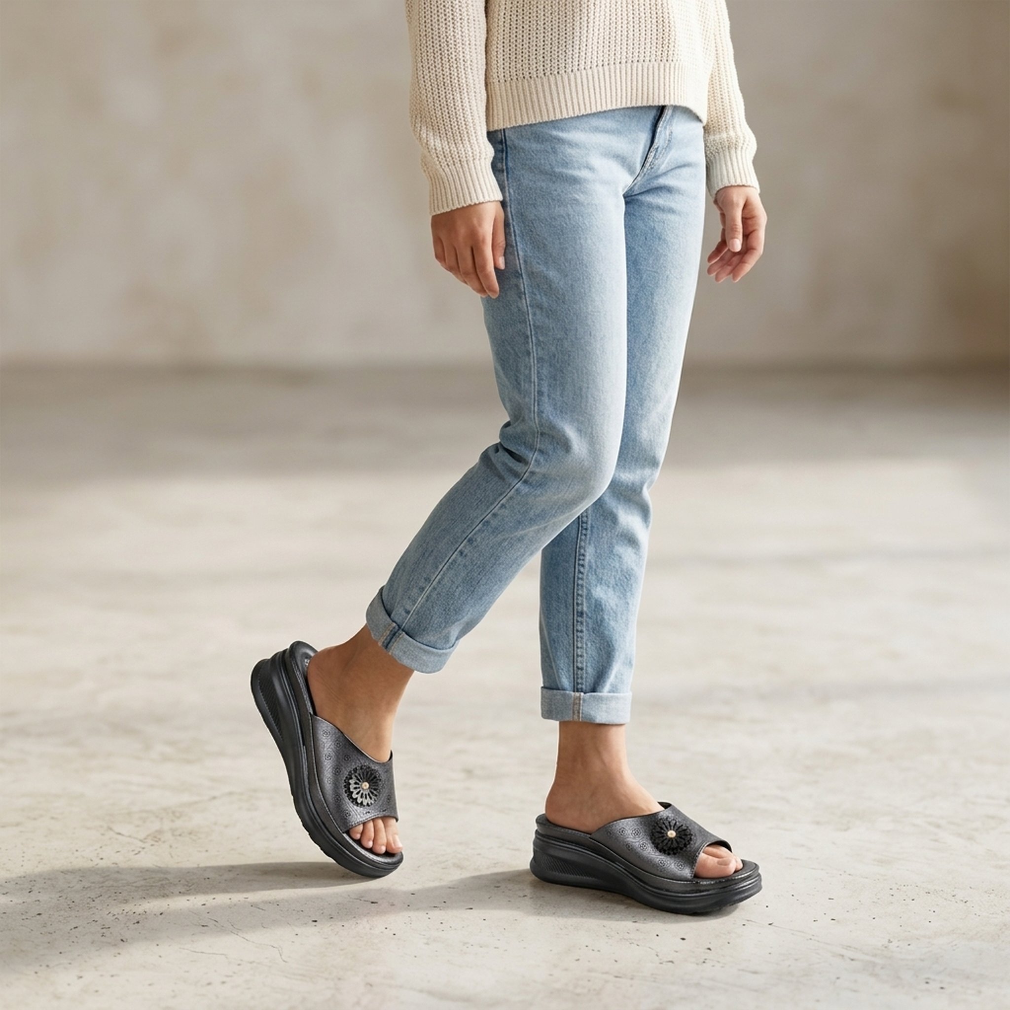 Keron footwear Women's Black Floral Wedge Sandals