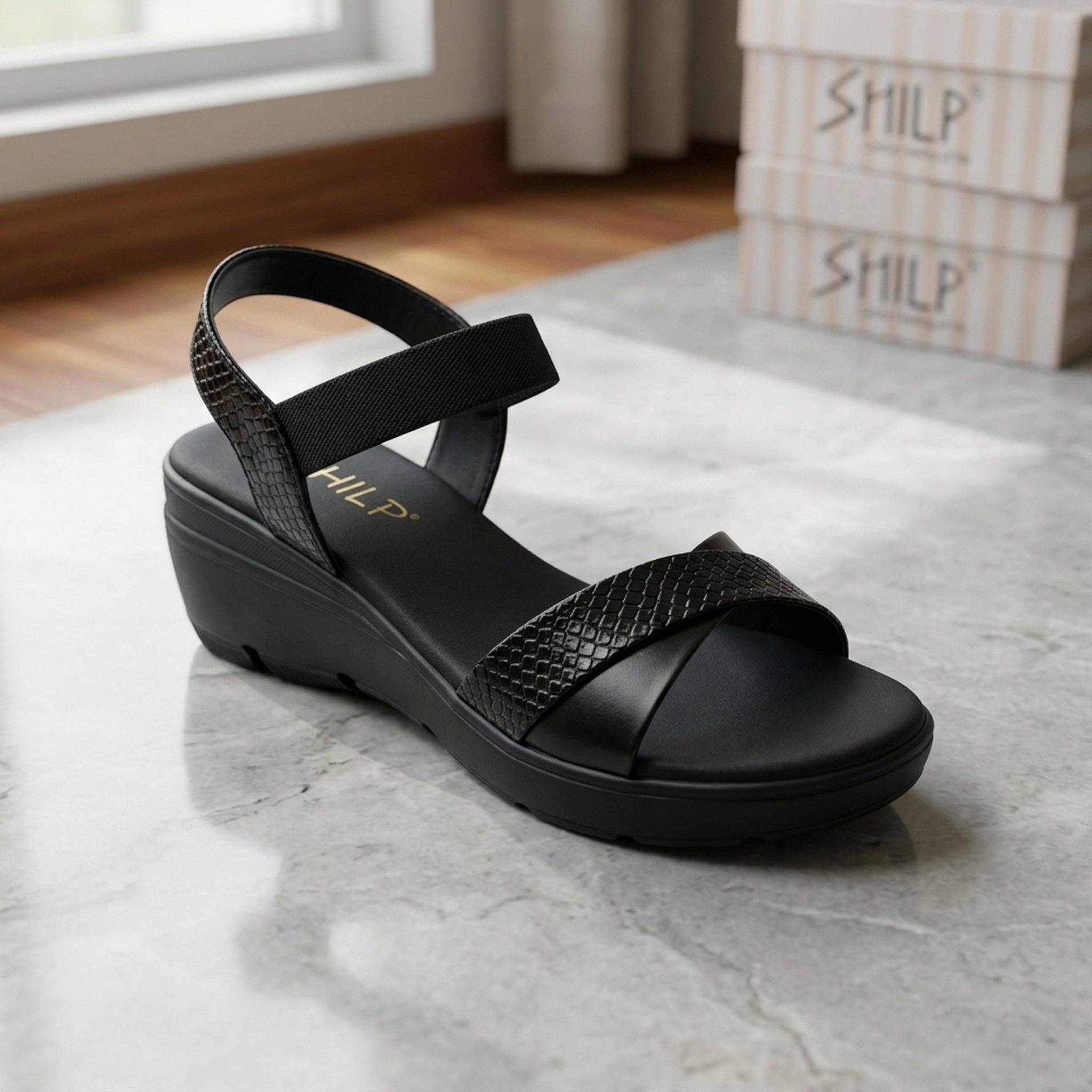 Keron footwear Black Wedge Heel Comfort Sandals