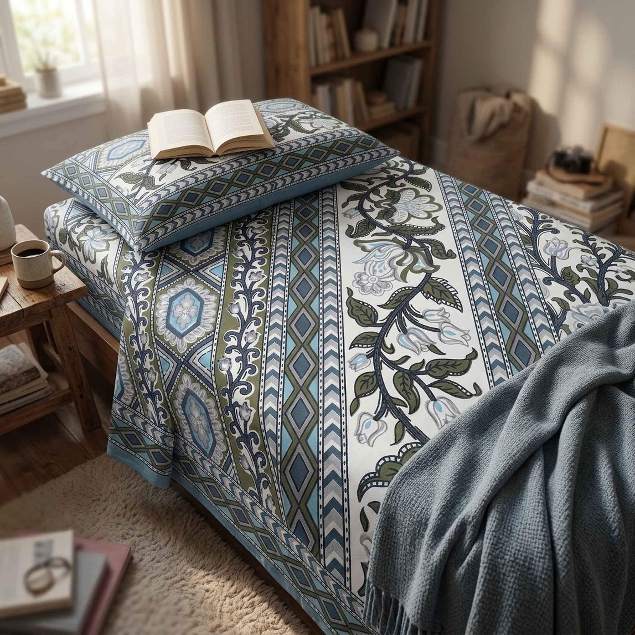 Shree Om Handloom Blue And Green Printed Cotton Bedsheet 5