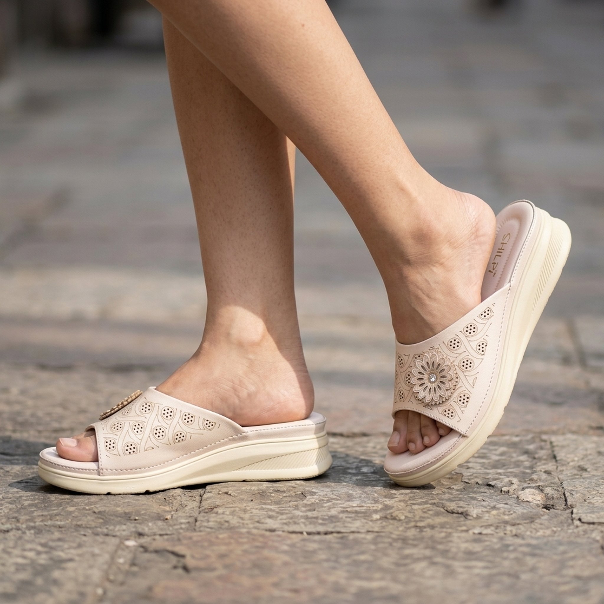 Keron footwear Women's Beige Floral Wedge Sandals 5