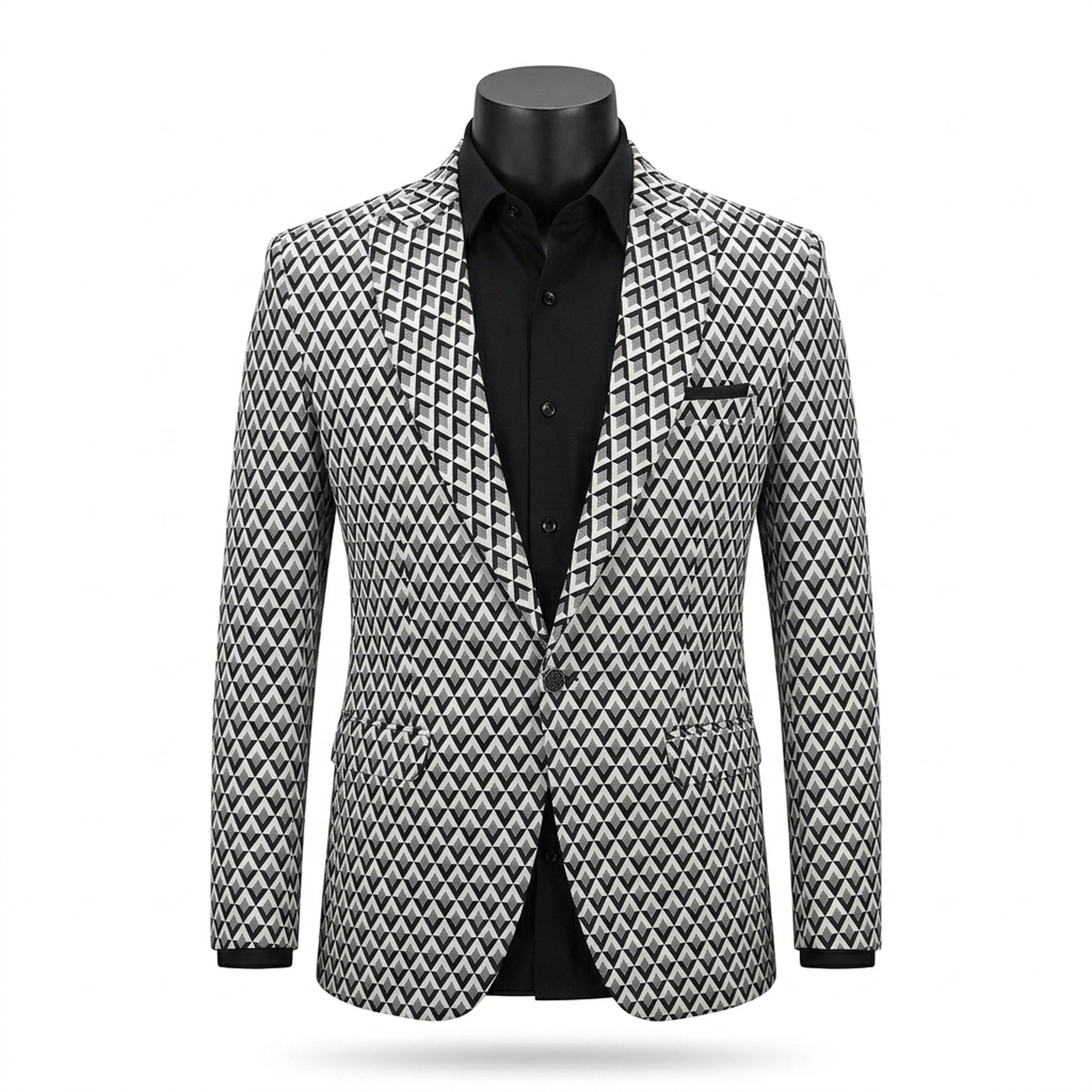 KingUp Man Men's Geometric Pattern Black And White Blazer