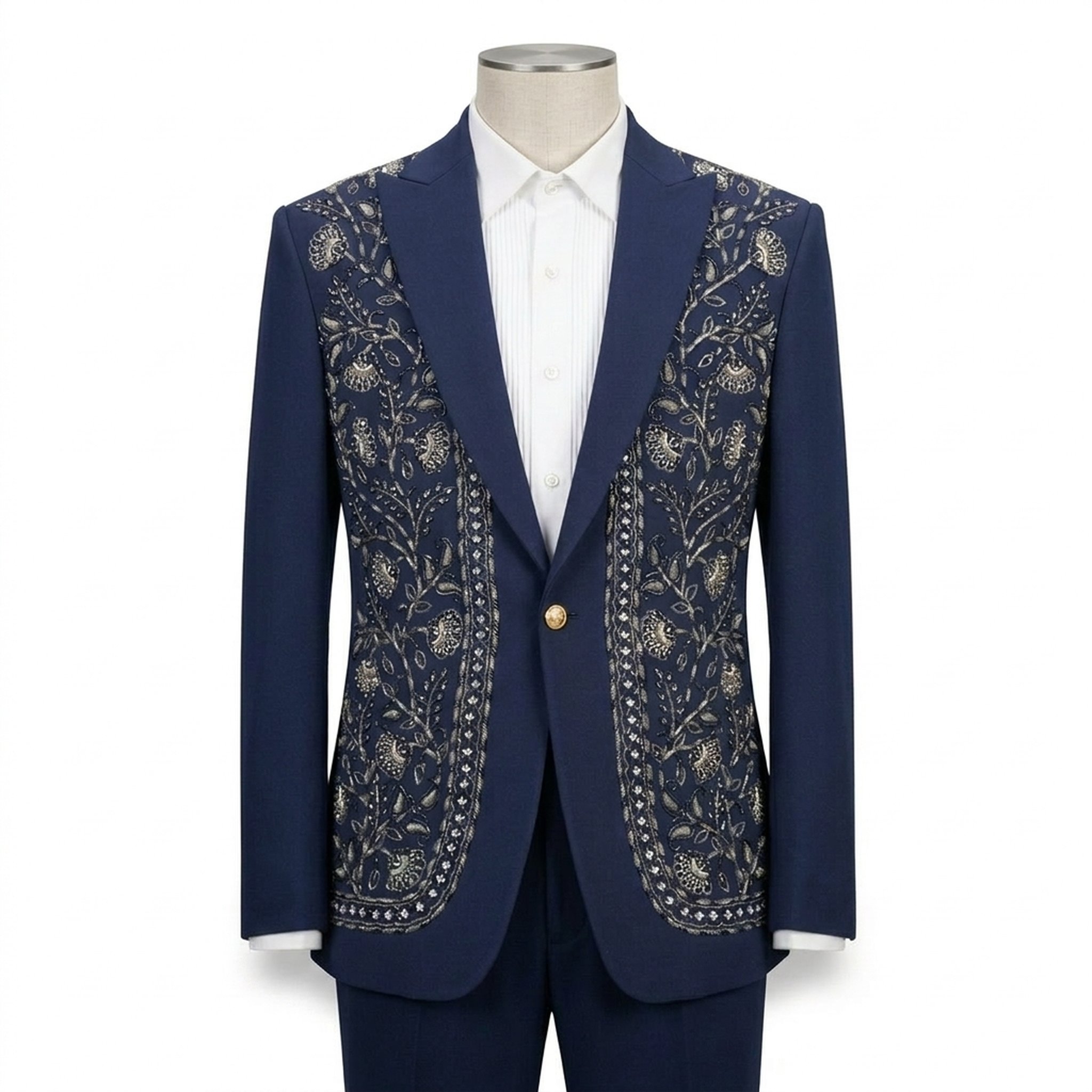 KingUp Man Men's Navy Blue Embroidered Formal Blazer
