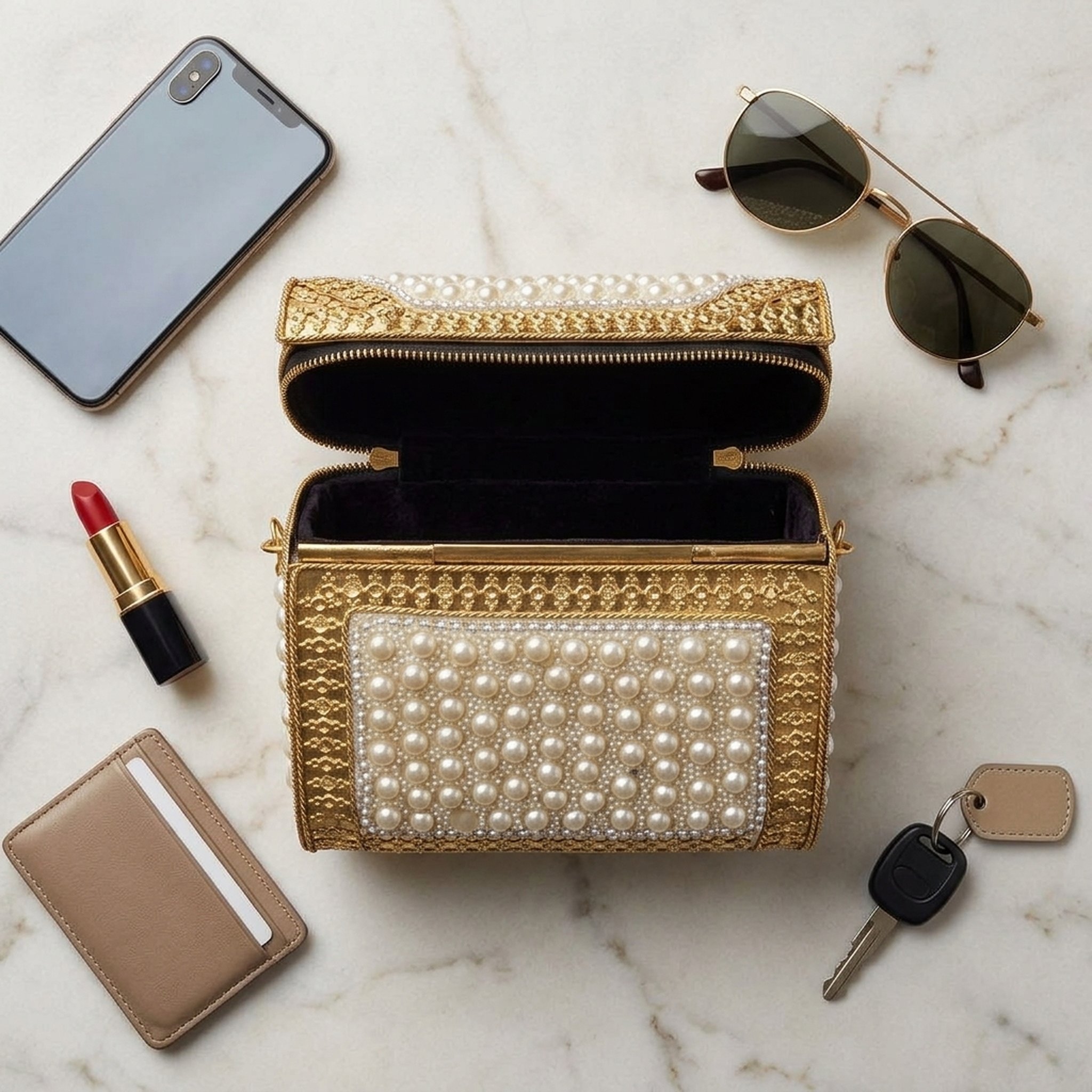 Potli Walah Gold Pearl Embellished Box Clutch Bag 3