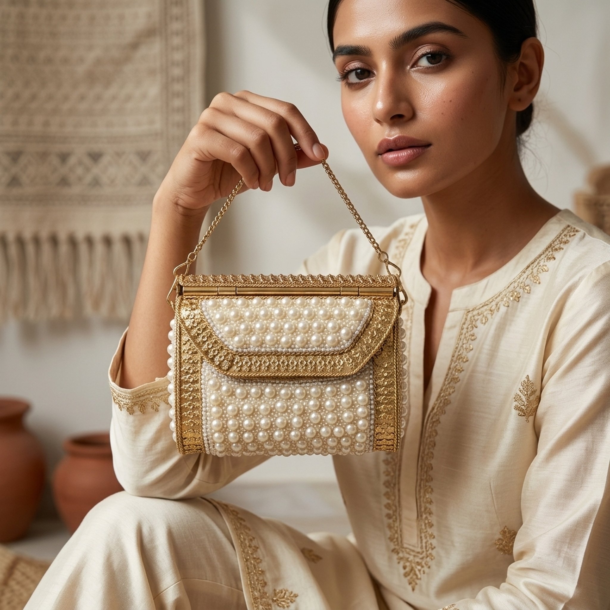 Potli Walah Gold Pearl Embellished Box Clutch Bag